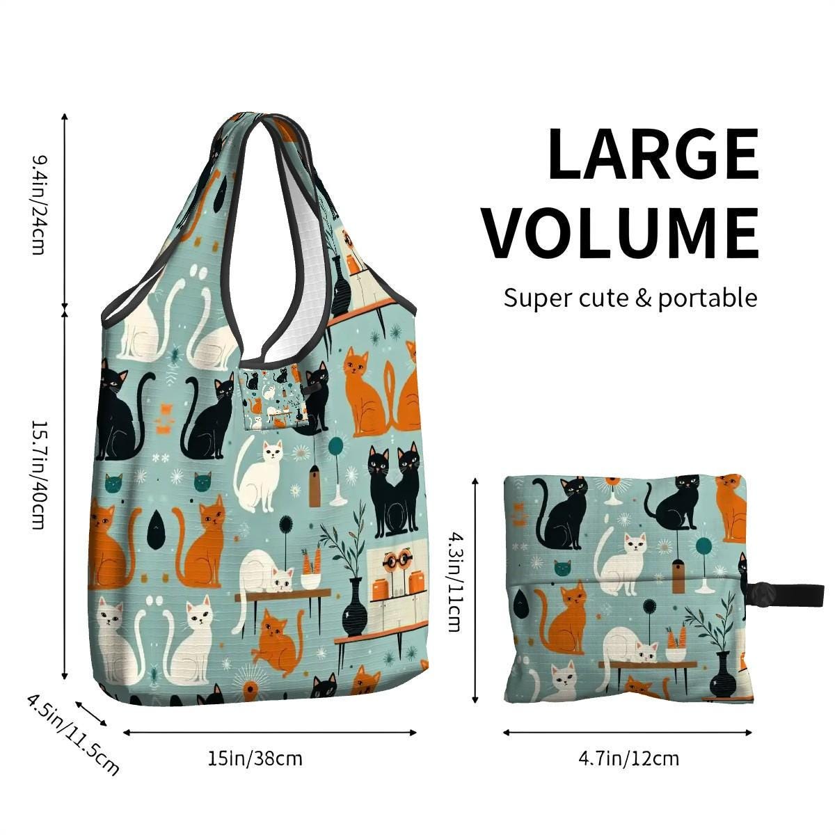 Retro Cat Folding Reusable Grocery Shopping Bags - Eco Friendly Tote with Vintage Feline Design