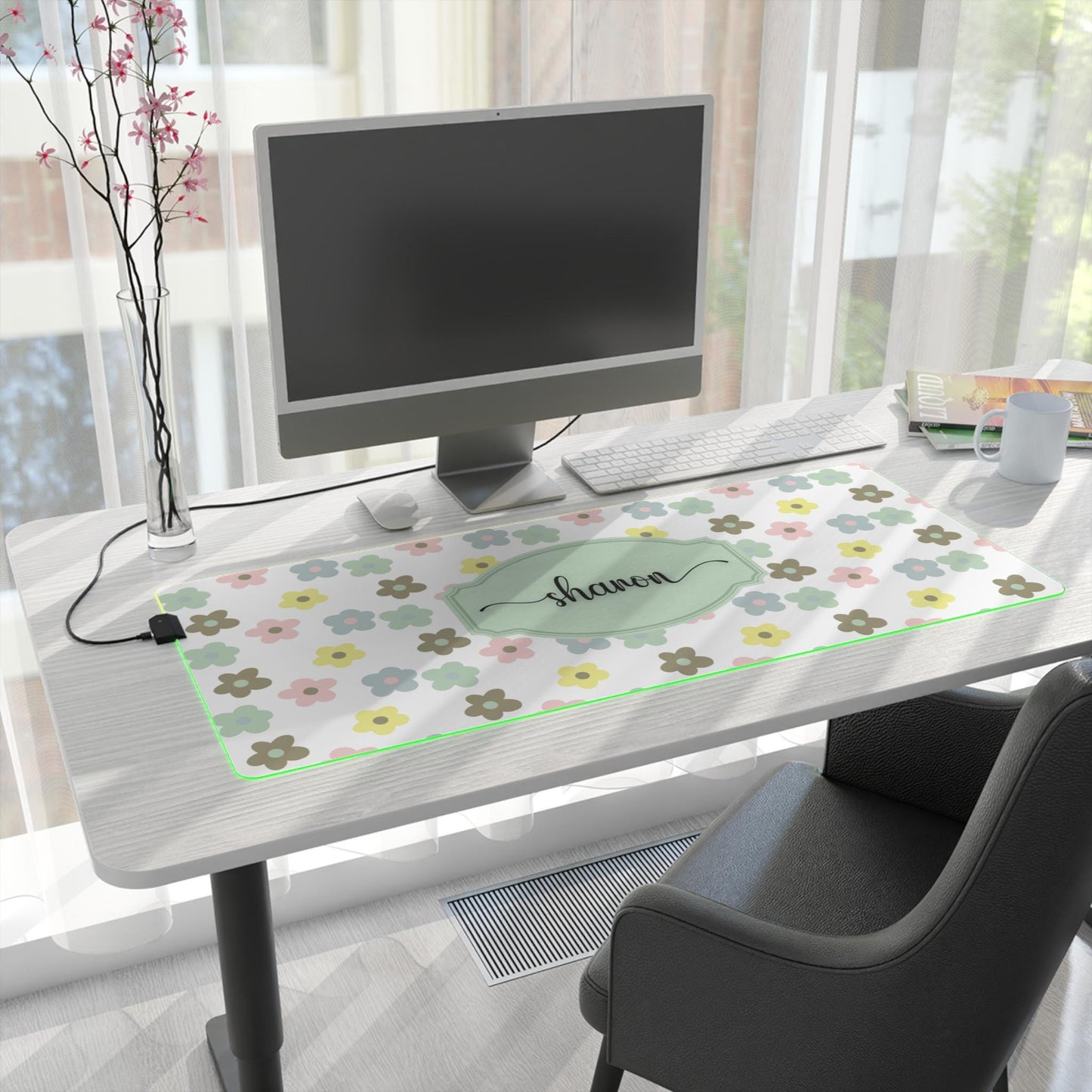 Pastel Floral LED Gaming Mouse Pad | Custom Name RGB Desk Mat for Gamer Setup