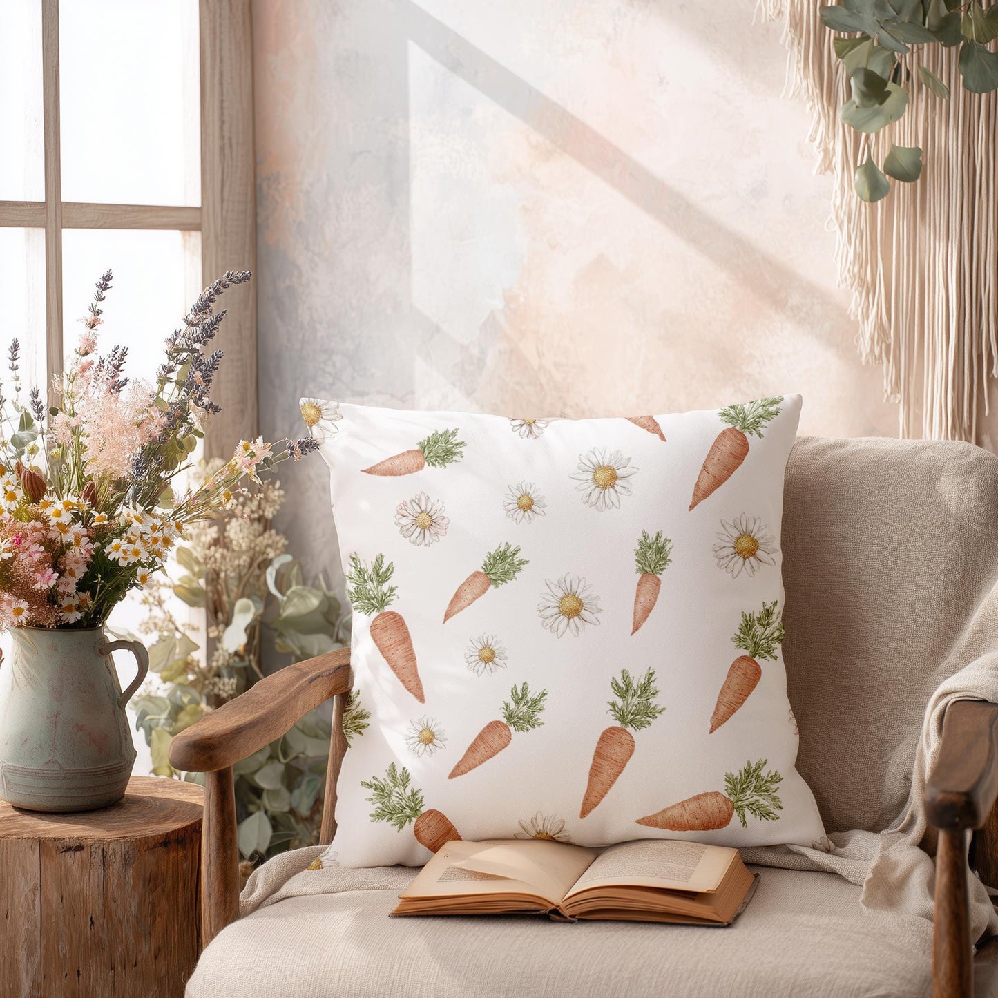 Easter Carrot Daisy Faux Suede Square Pillowcase Spring Holiday Home Decor Throw Pillow Cover