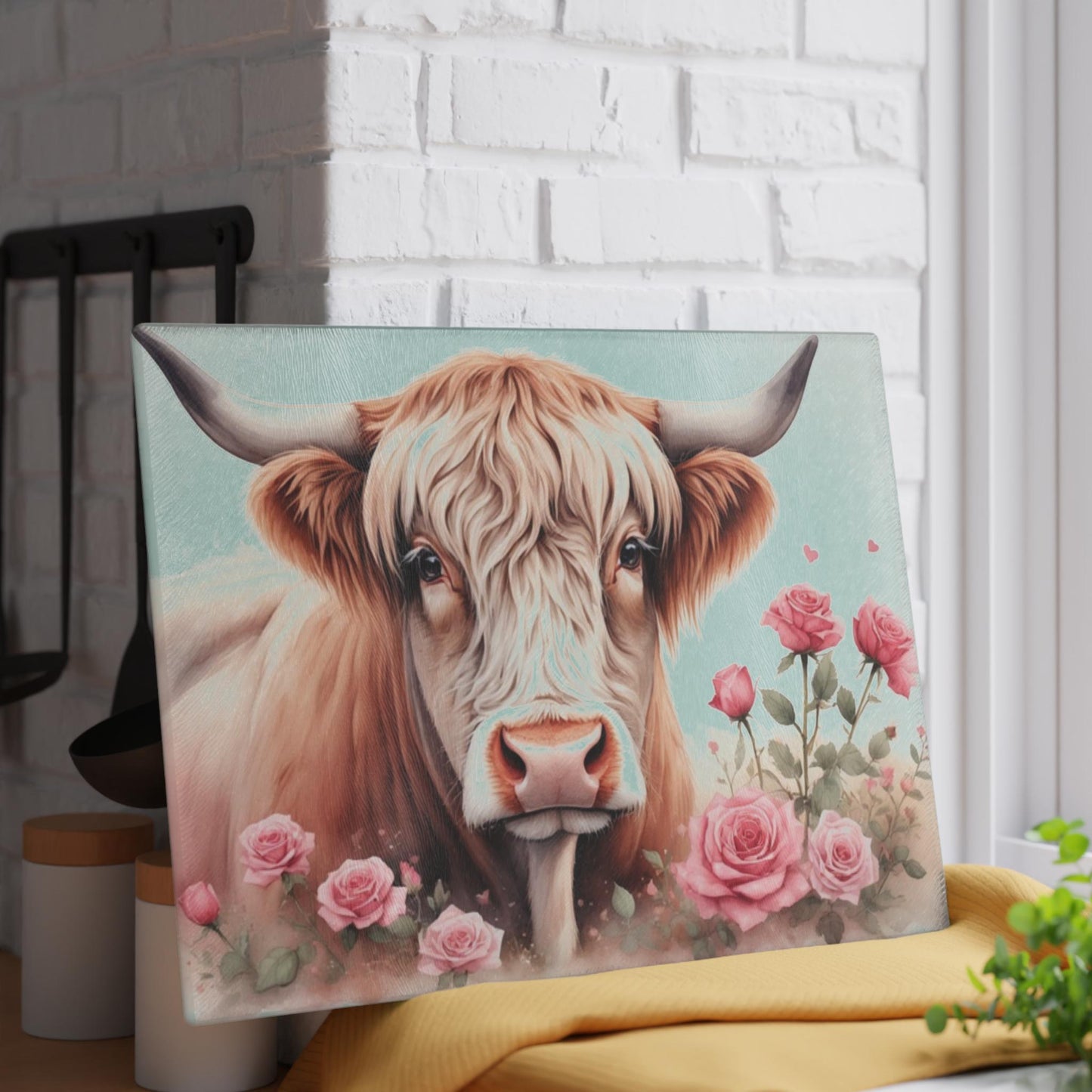 Highland Cow with Roses Glass Cutting Board | Floral Farmhouse Kitchen Decor | Rustic Country Gift