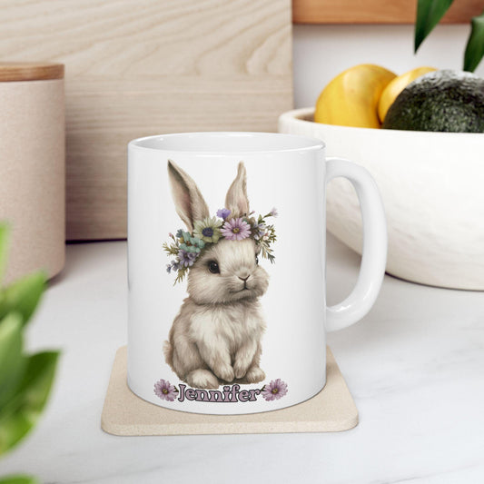 Floral Bunny Ceramic Mug - Rabbit Coffee Cup Easter Gift for Animal Lovers Spring Decor