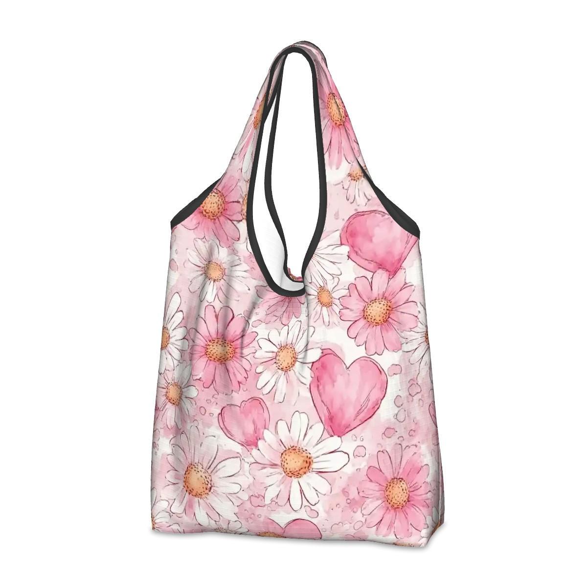 Pink Flowers Hearts Folding Reusable Grocery Shopping Bags Eco Friendly Tote Compact Storage Market