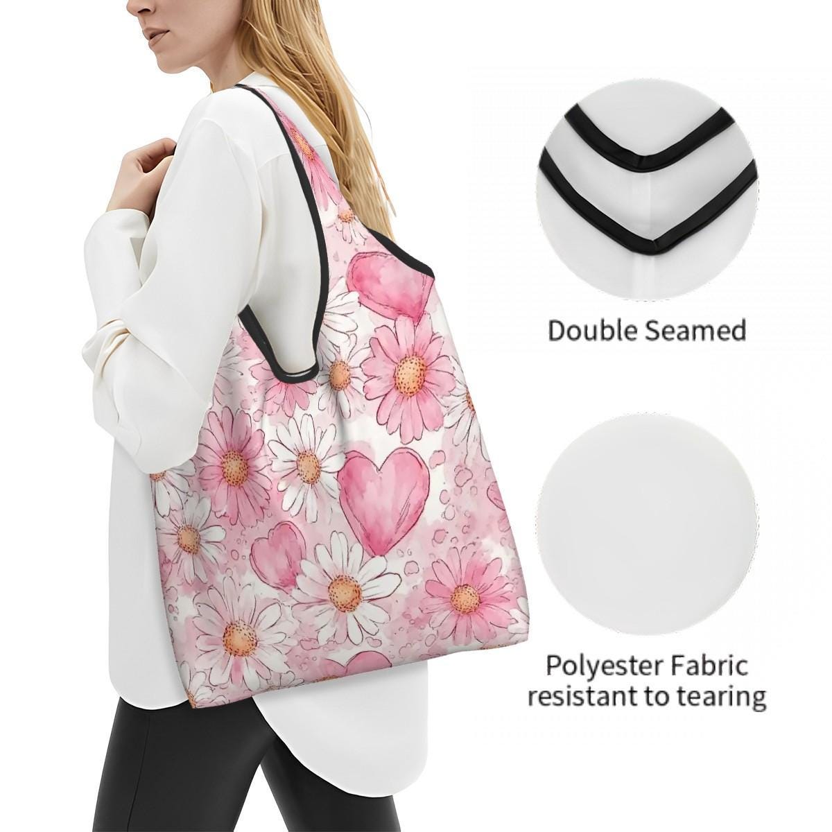 Pink Flowers Hearts Folding Reusable Grocery Shopping Bags Eco Friendly Tote Compact Storage Market