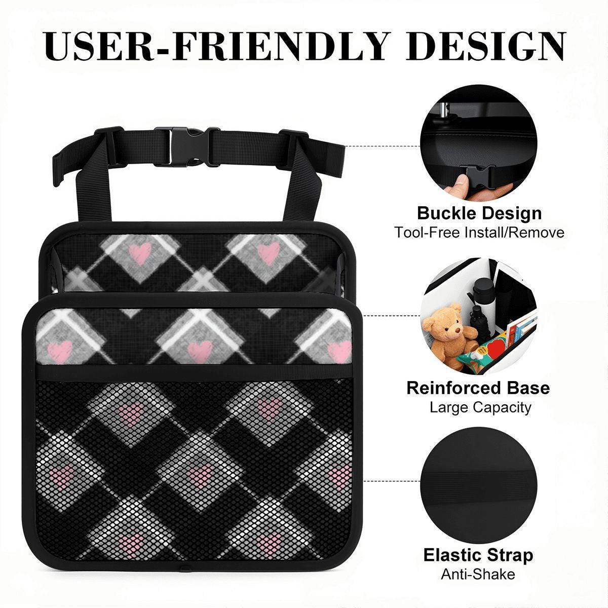 Black & White Heart Car Seat Organizer - Backseat Storage Caddy with Pockets for Travel