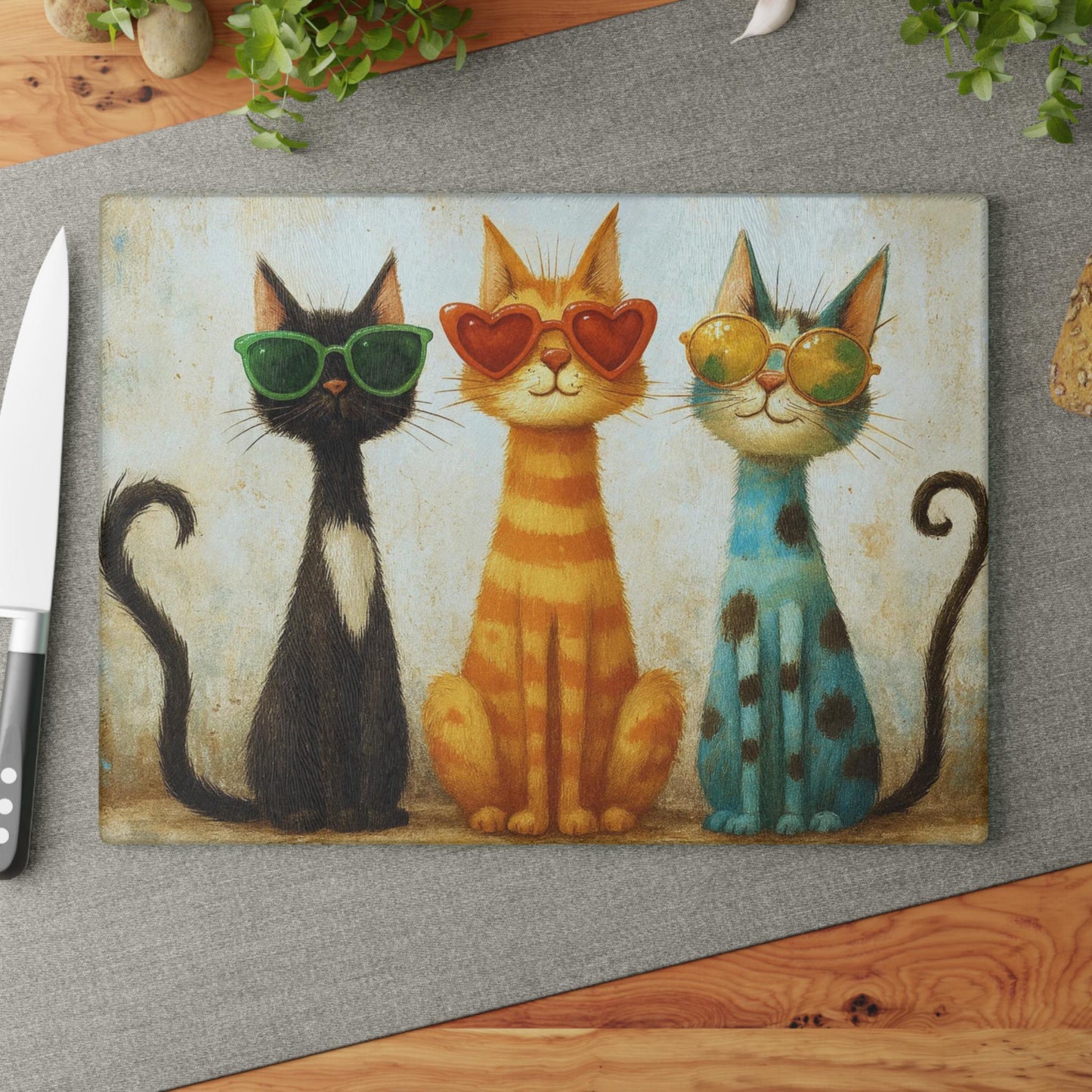 Cat Themed Kitchen Cutting Board, Tempered Glass with Three Cats in Sunglasses