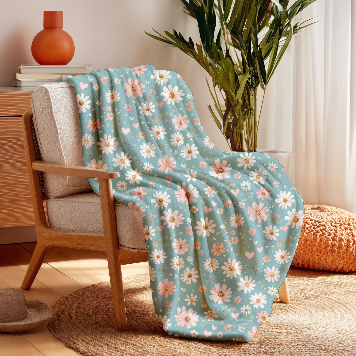 Botanical Comfort Sherpa Blanket, Reversible Daisy Floral Design with 100% Polyester Fleece Reverse