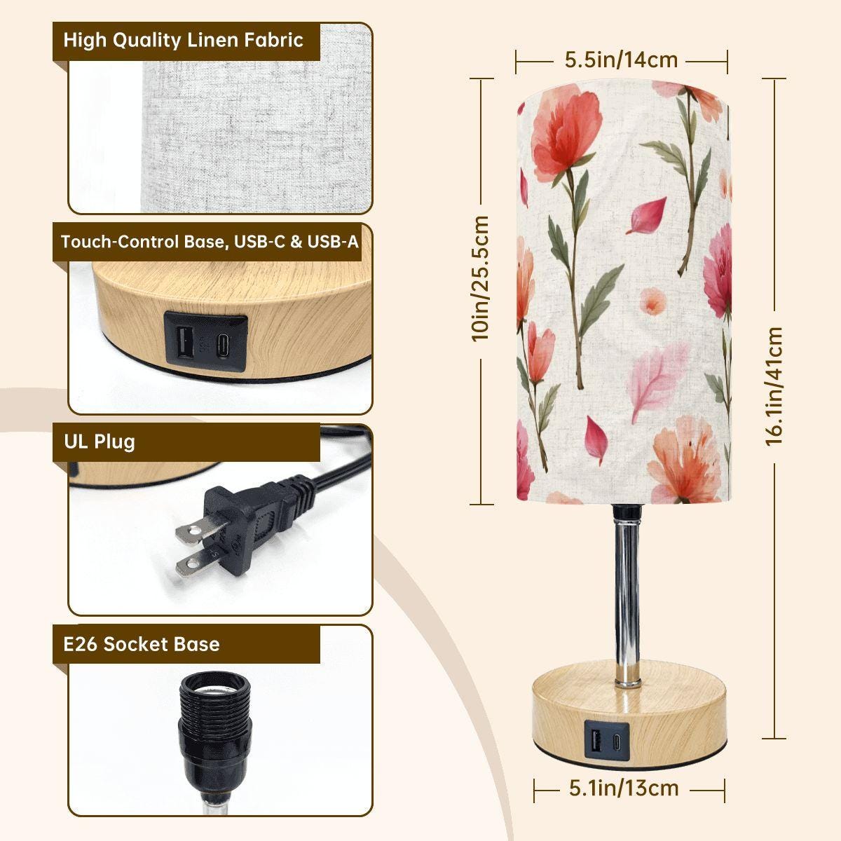 Rose Touch Bedside Table Lamp with USB Charging Port - Modern Bedroom Nightstand Light