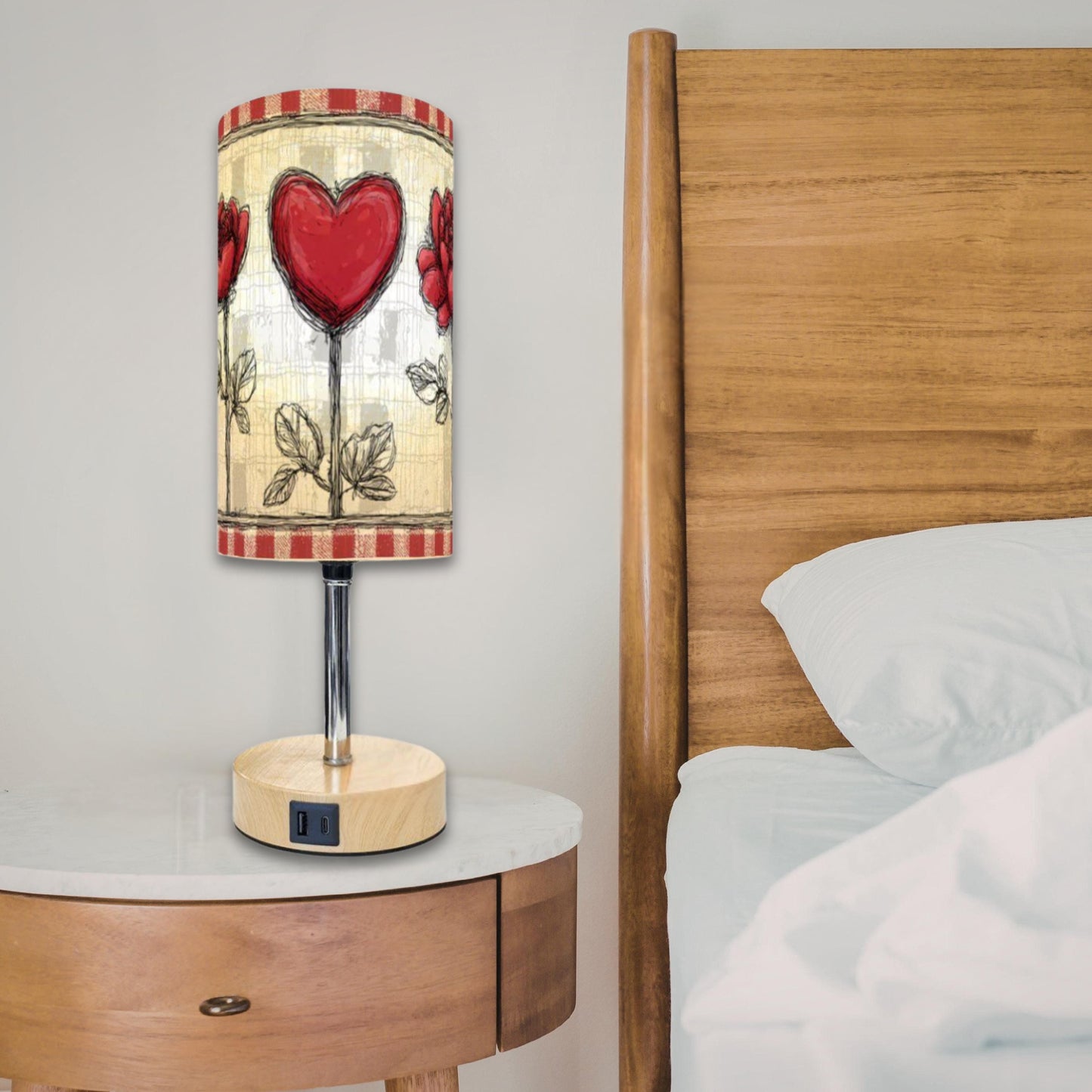 Heart Red Flowers Touch Bedside Table Lamp with USB Charging Port Night Light