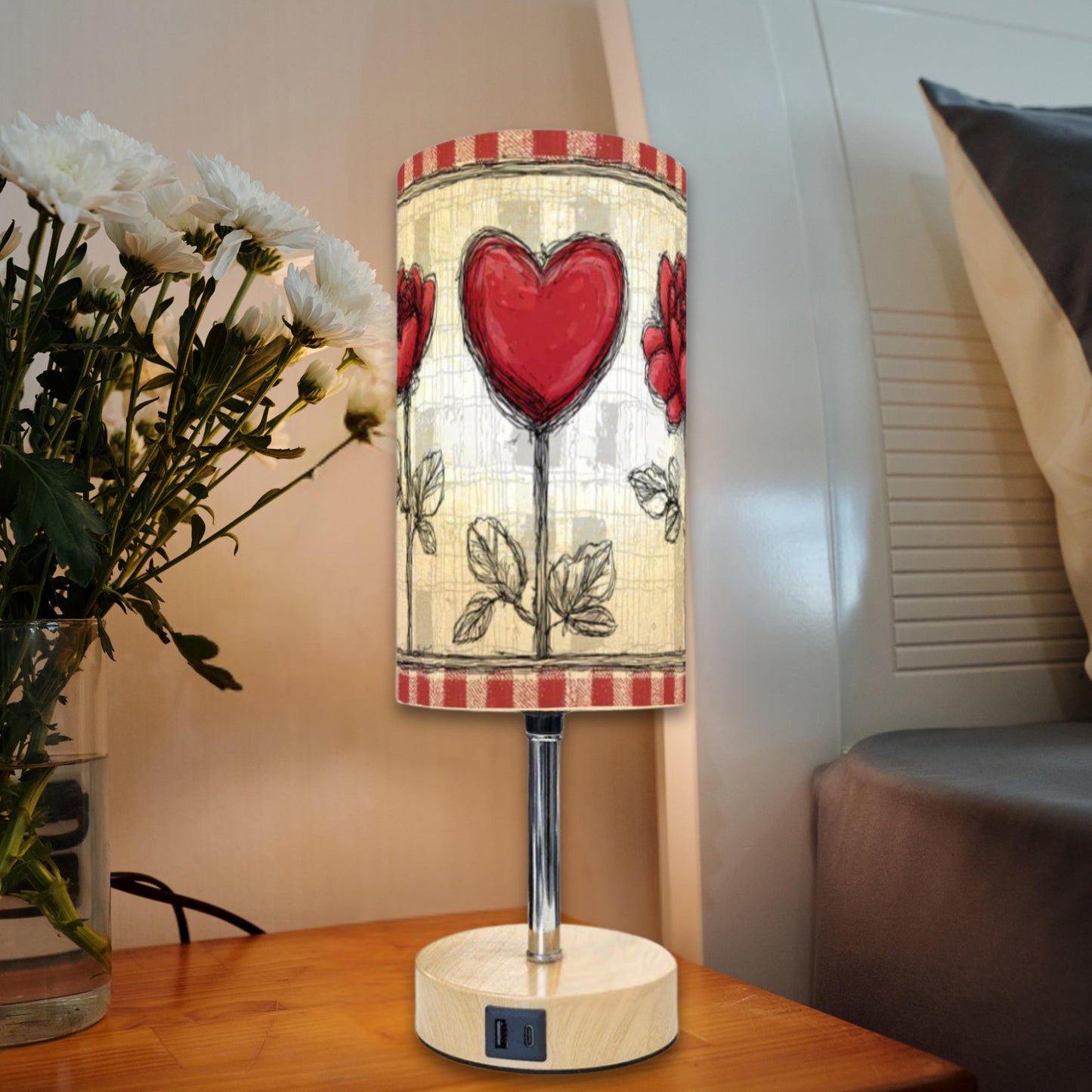 Heart Red Flowers Touch Bedside Table Lamp with USB Charging Port Night Light