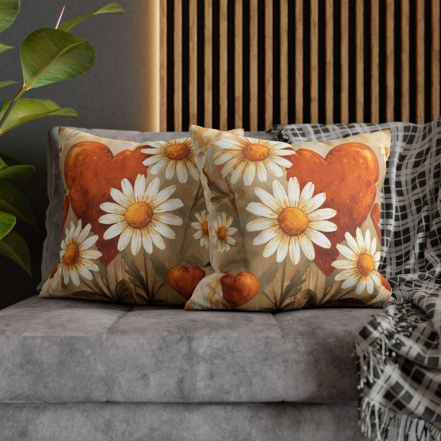 Boho Floral Throw Pillow Cover: Orange Heart Daisy Faux Suede