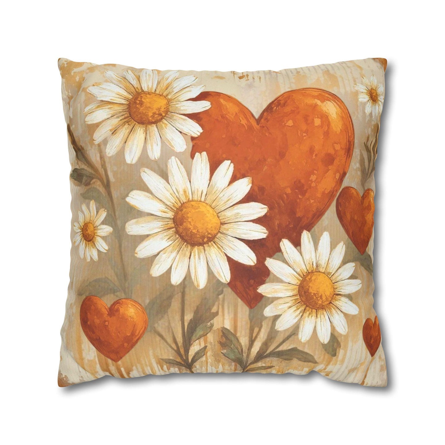 Boho Floral Throw Pillow Cover: Orange Heart Daisy Faux Suede