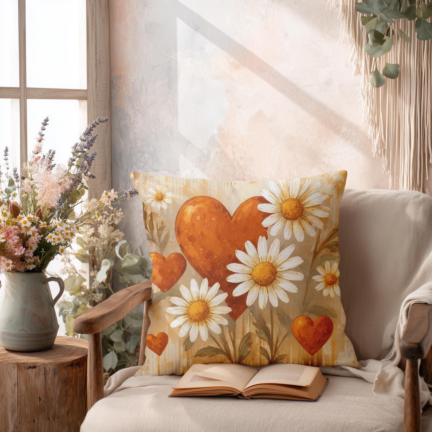 Boho Floral Throw Pillow Cover: Orange Heart Daisy Faux Suede