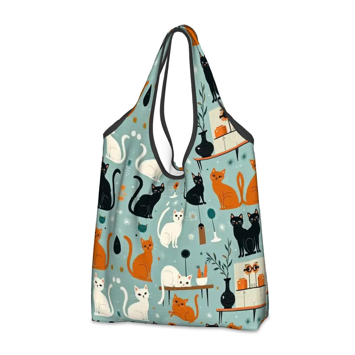 Retro Cat Folding Reusable Grocery Shopping Bags - Eco Friendly Tote with Vintage Feline Design