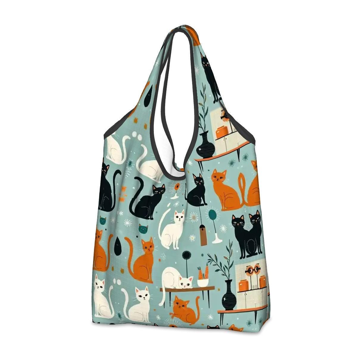 Retro Cat Folding Reusable Grocery Shopping Bags - Eco Friendly Tote with Vintage Feline Design