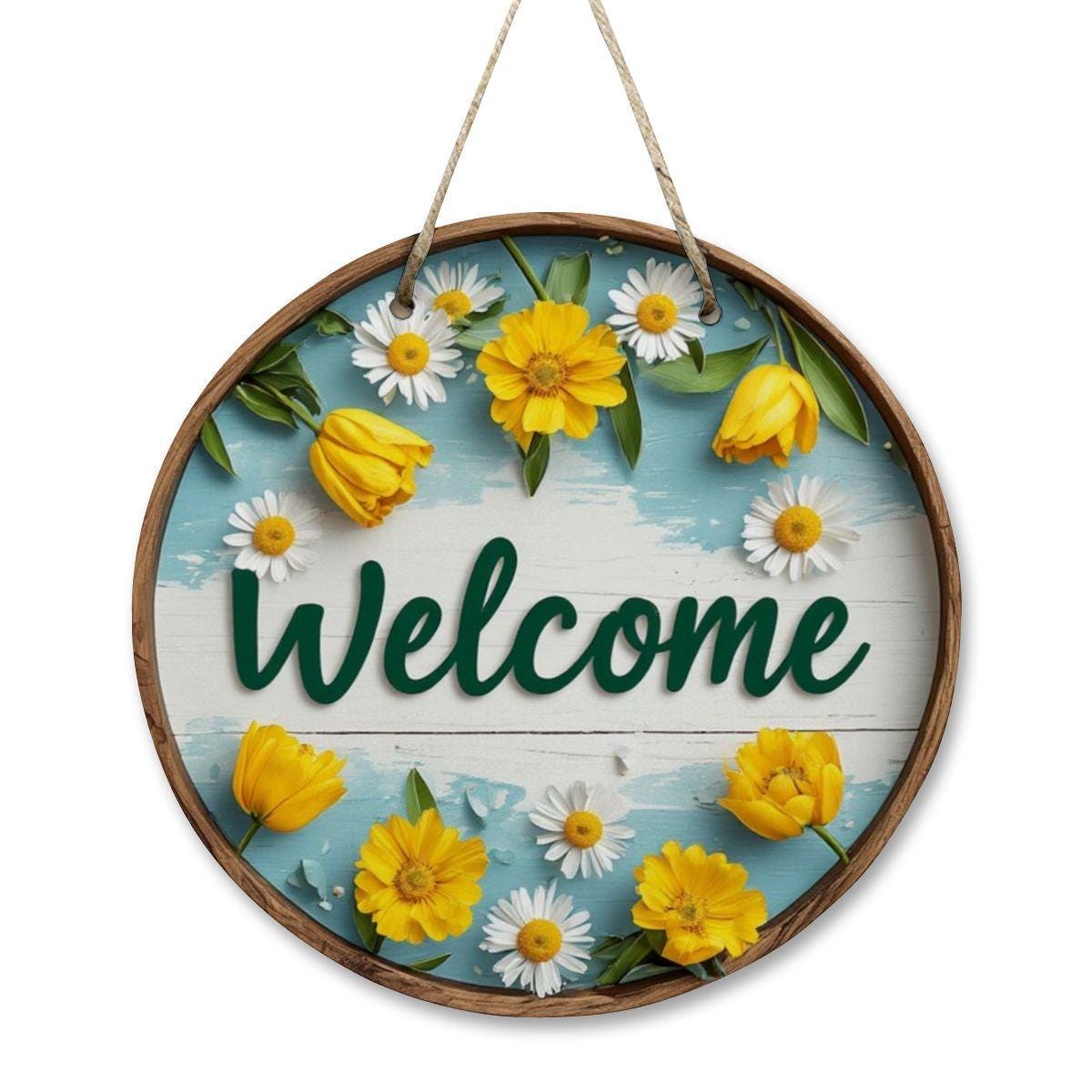 Springtime Round Wooden Door Sign - Seasonal Home Decor Wall Art Farmhouse Porch Welcome Display
