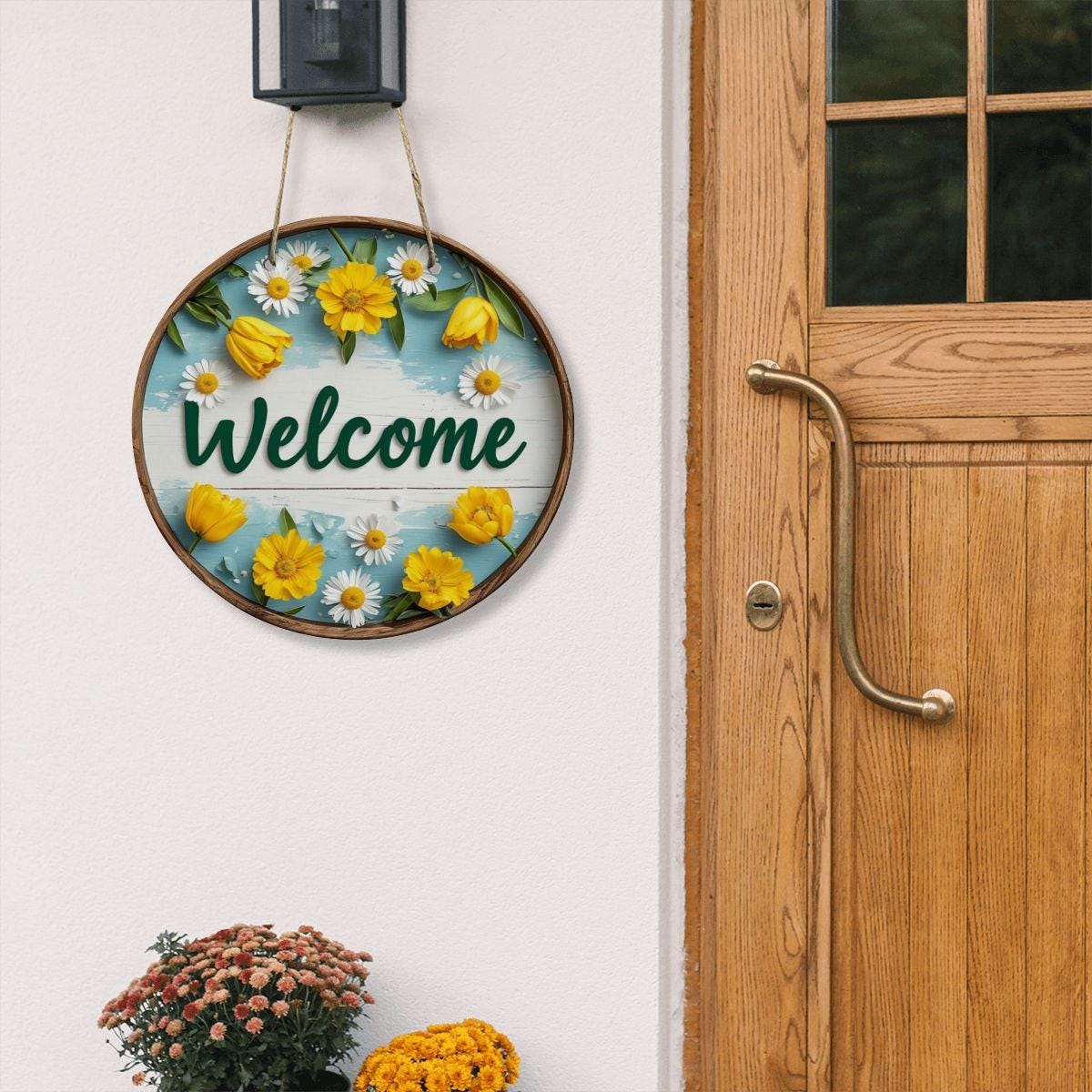 Springtime Round Wooden Door Sign - Seasonal Home Decor Wall Art Farmhouse Porch Welcome Display