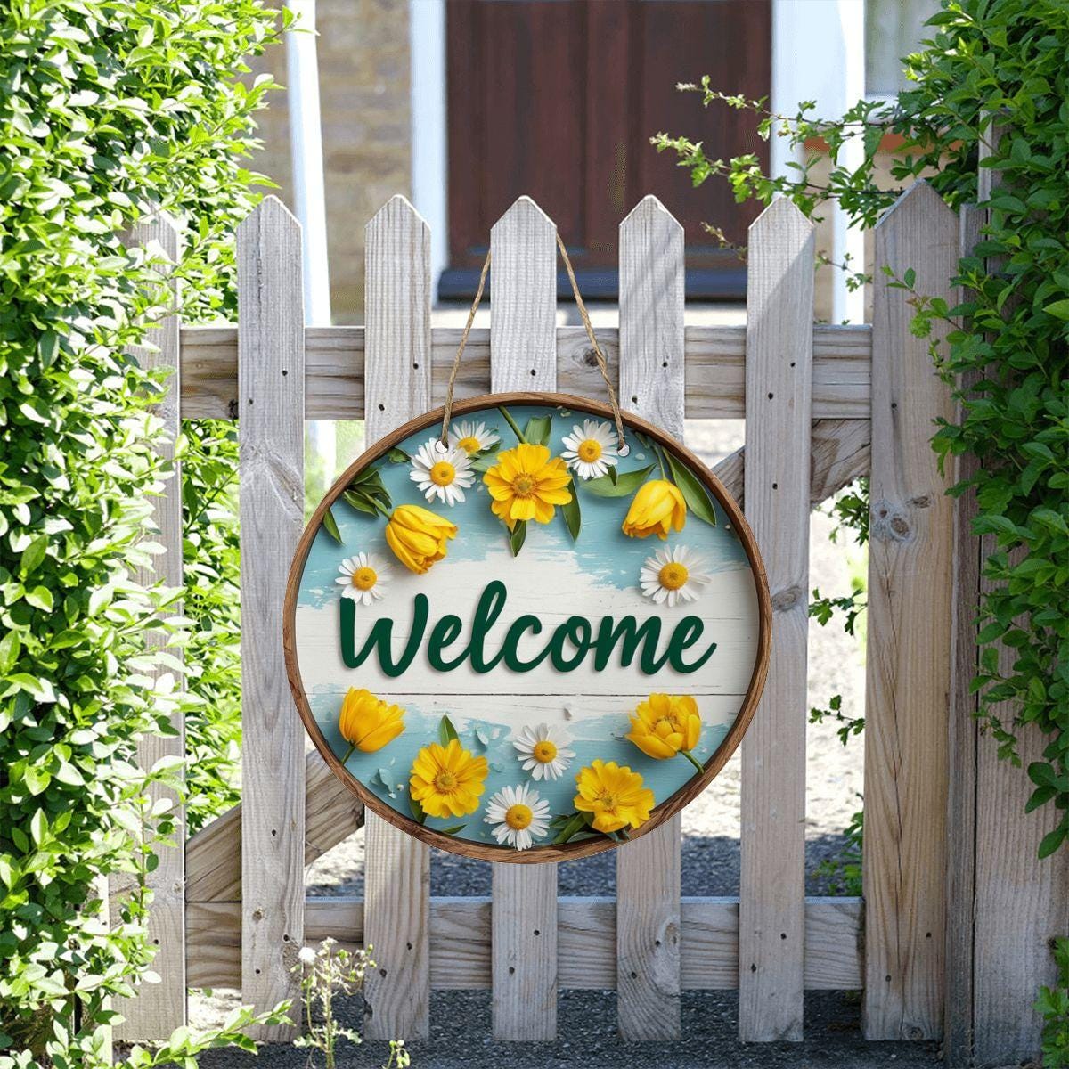 Springtime Round Wooden Door Sign - Seasonal Home Decor Wall Art Farmhouse Porch Welcome Display