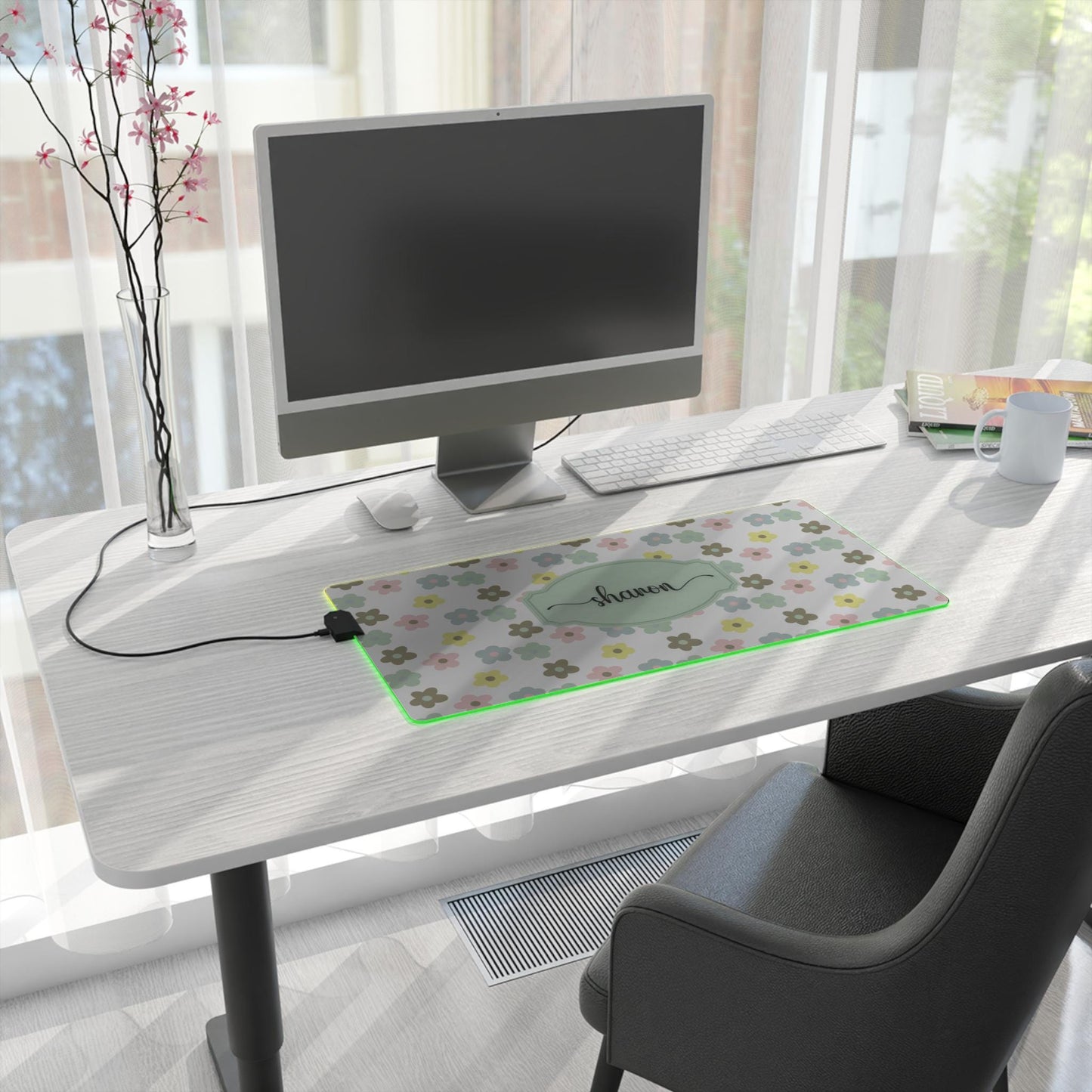Pastel Floral LED Gaming Mouse Pad | Custom Name RGB Desk Mat for Gamer Setup