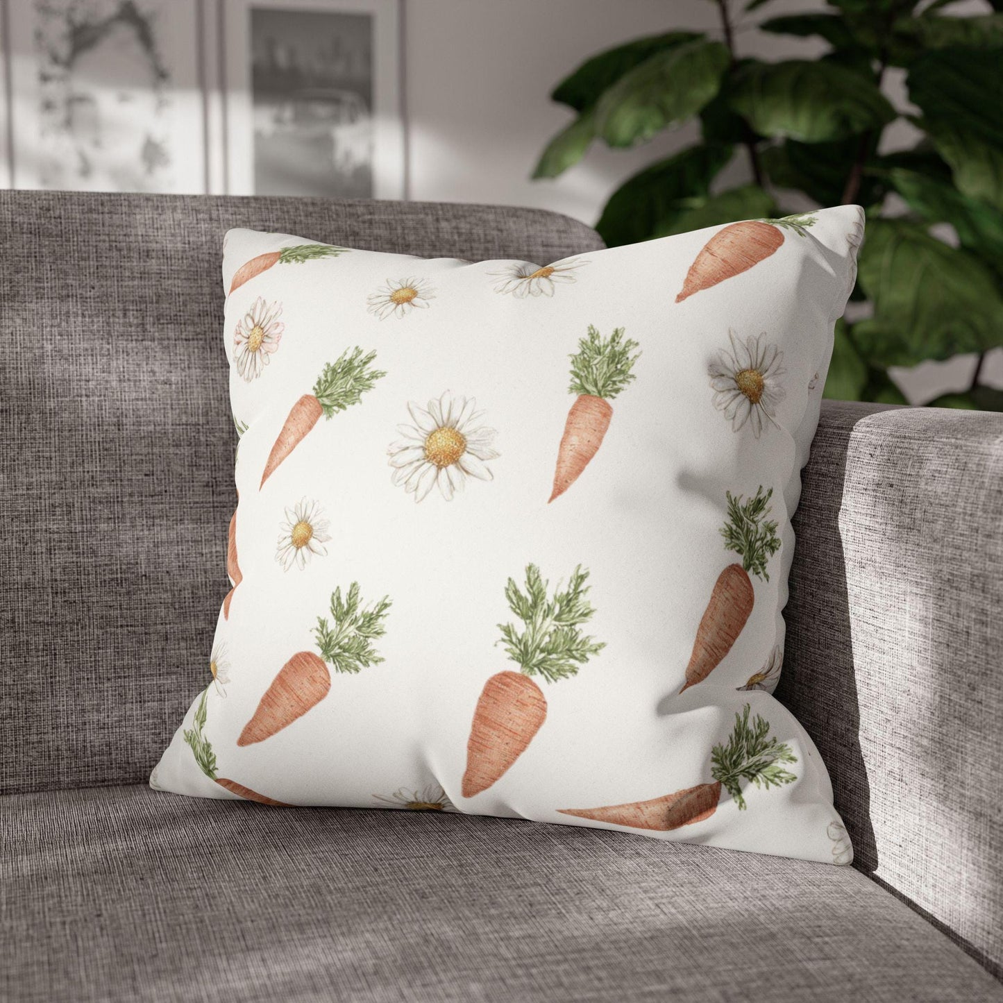 Easter Carrot Daisy Faux Suede Square Pillowcase Spring Holiday Home Decor Throw Pillow Cover
