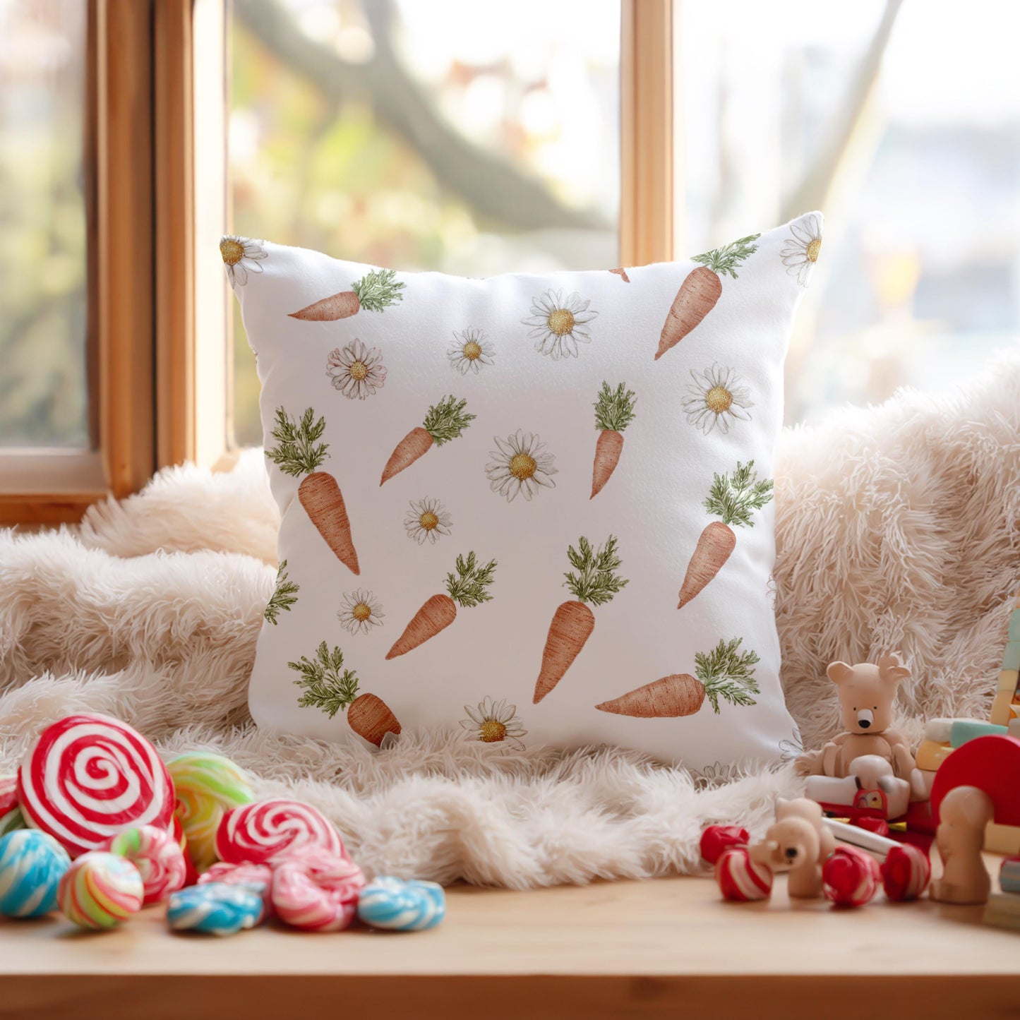 Easter Carrot Daisy Faux Suede Square Pillowcase Spring Holiday Home Decor Throw Pillow Cover