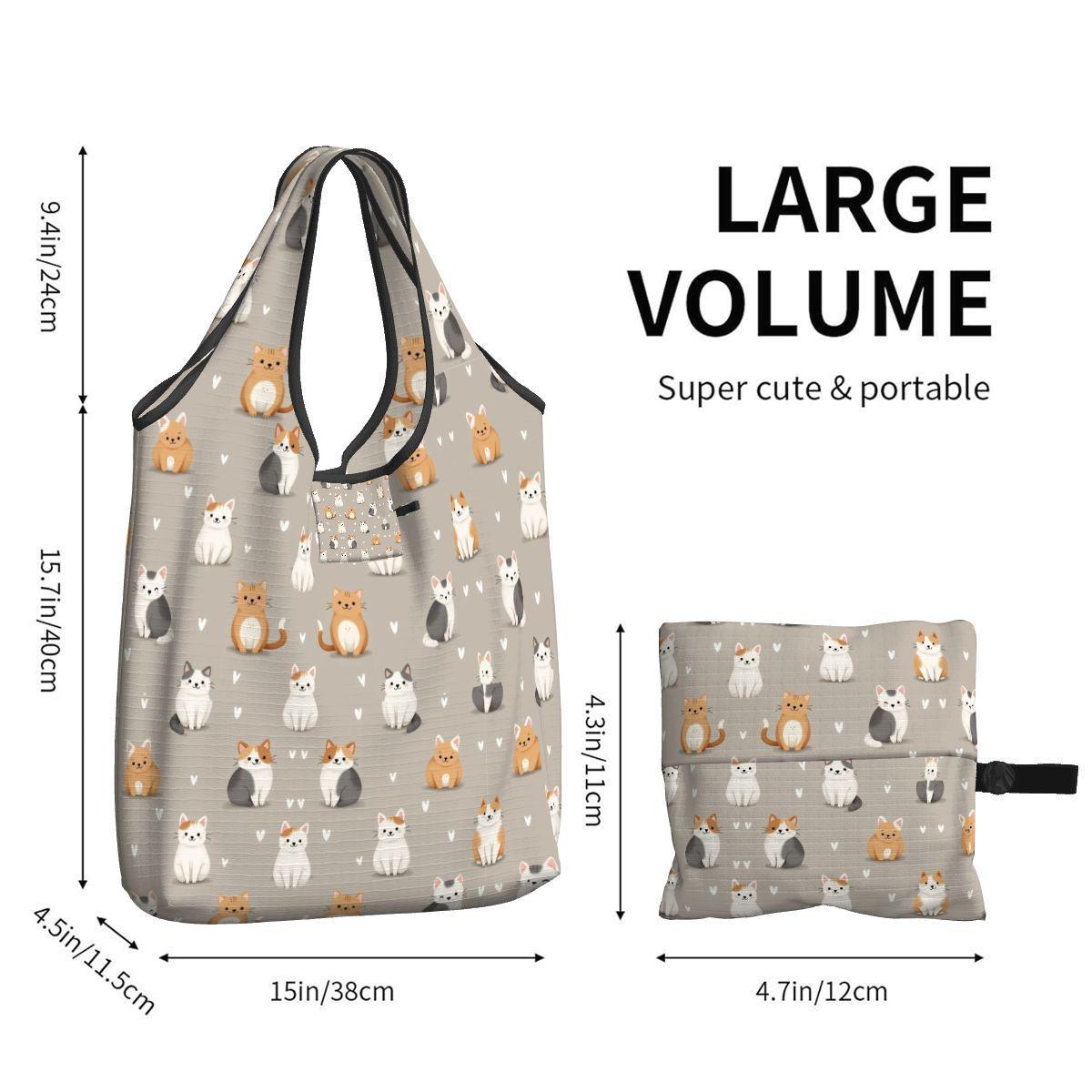 Sweet Kitties Folding Reusable Grocery Shopping Bags -  Cat Themed Eco-Friendly Tote Storage