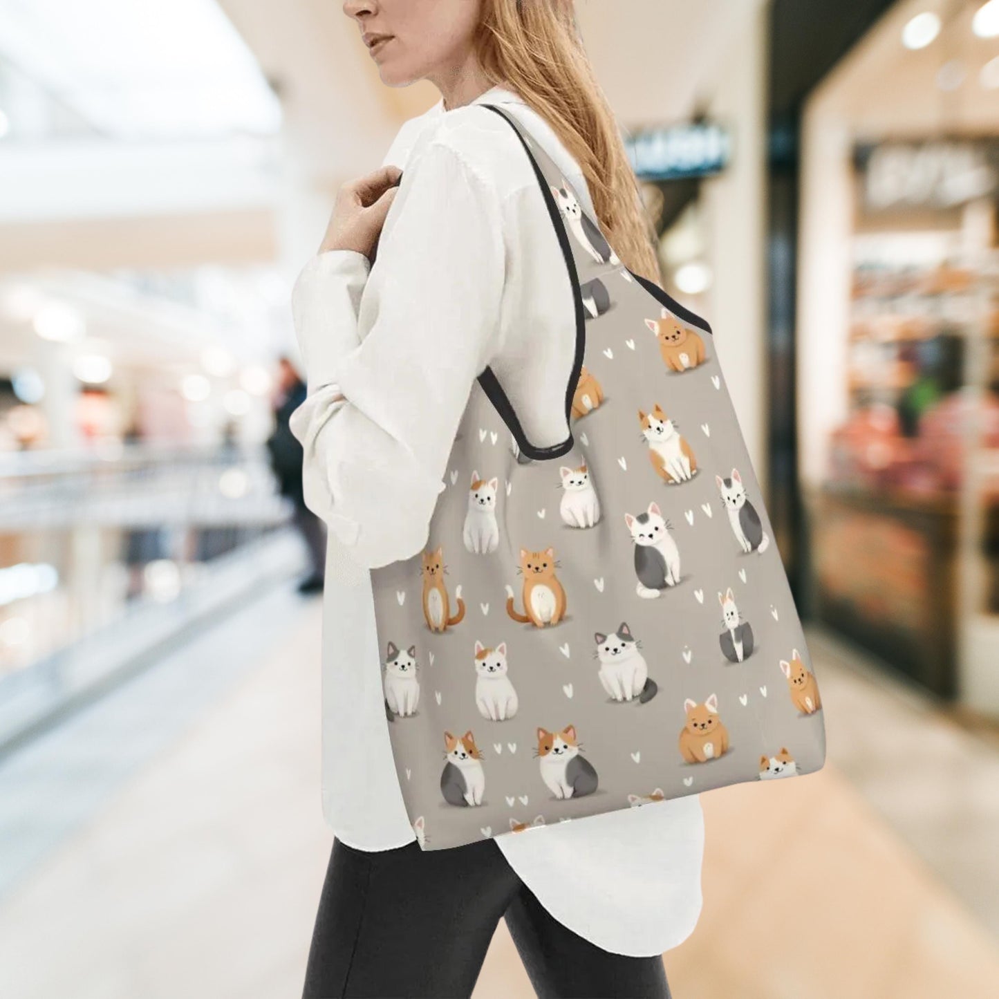 Sweet Kitties Folding Reusable Grocery Shopping Bags -  Cat Themed Eco-Friendly Tote Storage