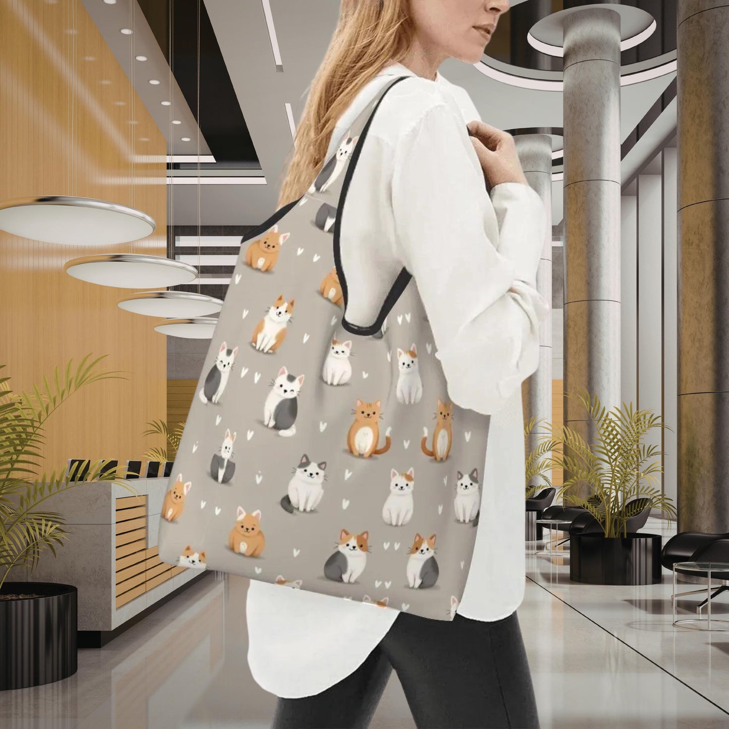 Sweet Kitties Folding Reusable Grocery Shopping Bags -  Cat Themed Eco-Friendly Tote Storage