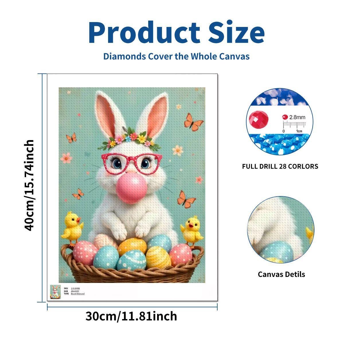 Easter Bunny Diamond Painting Kit, DIY Spring Decor (12" x 16")