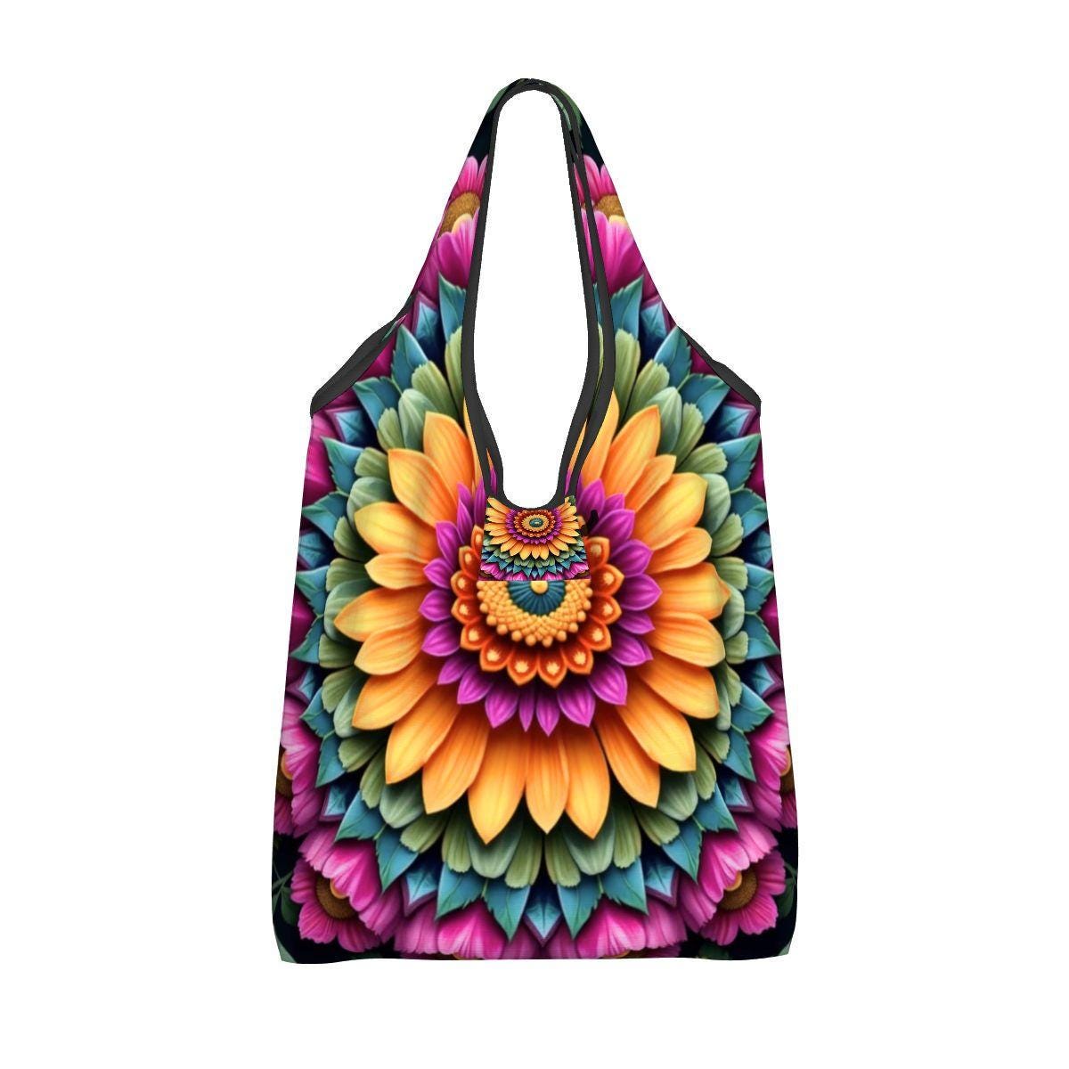 Mandala Folding Reusable Grocery Bags - Compact Eco-Friendly Shopping Tote with Sacred Geometry Design