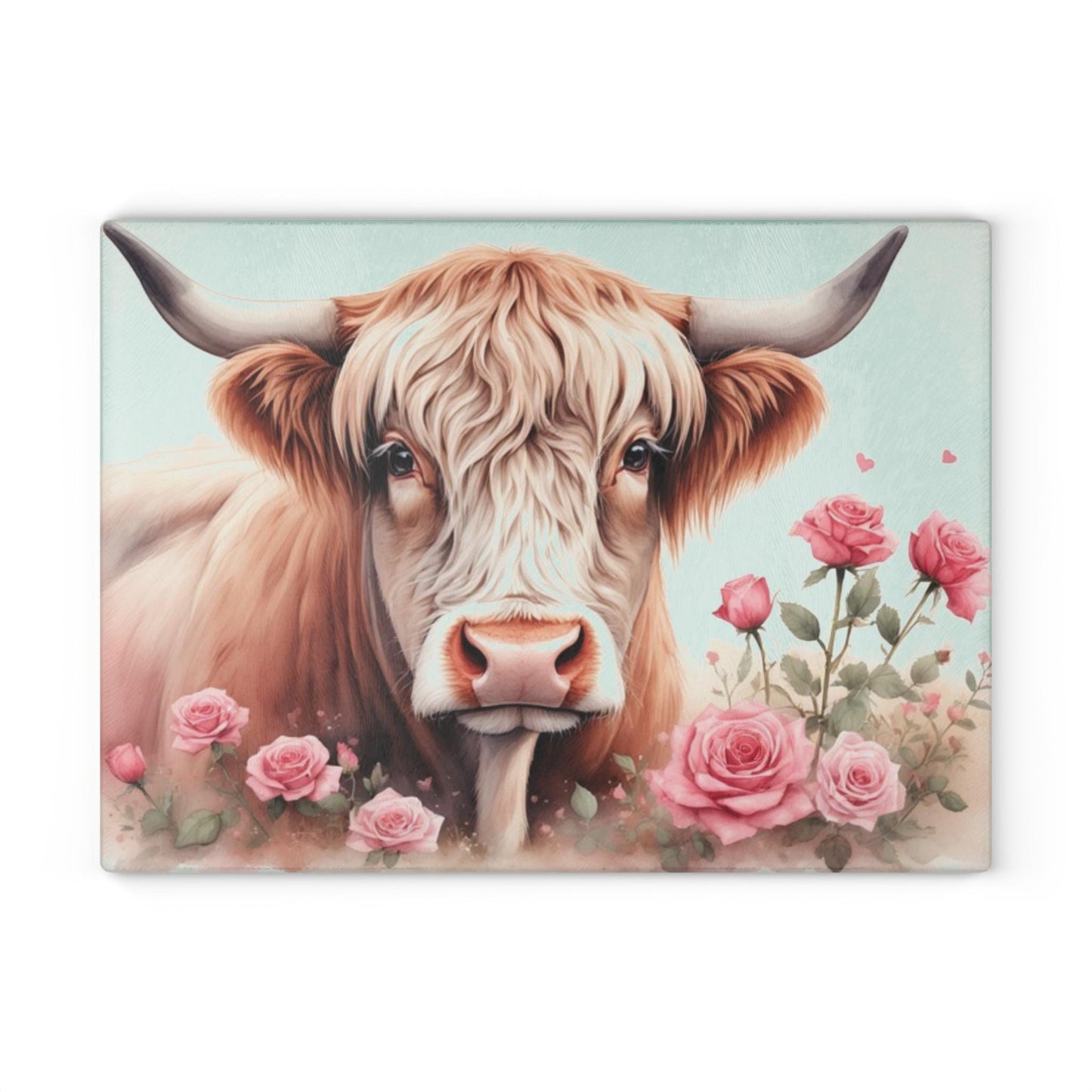 Highland Cow with Roses Glass Cutting Board | Floral Farmhouse Kitchen Decor | Rustic Country Gift