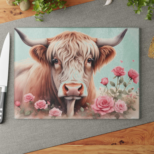 Highland Cow with Roses Glass Cutting Board | Floral Farmhouse Kitchen Decor | Rustic Country Gift