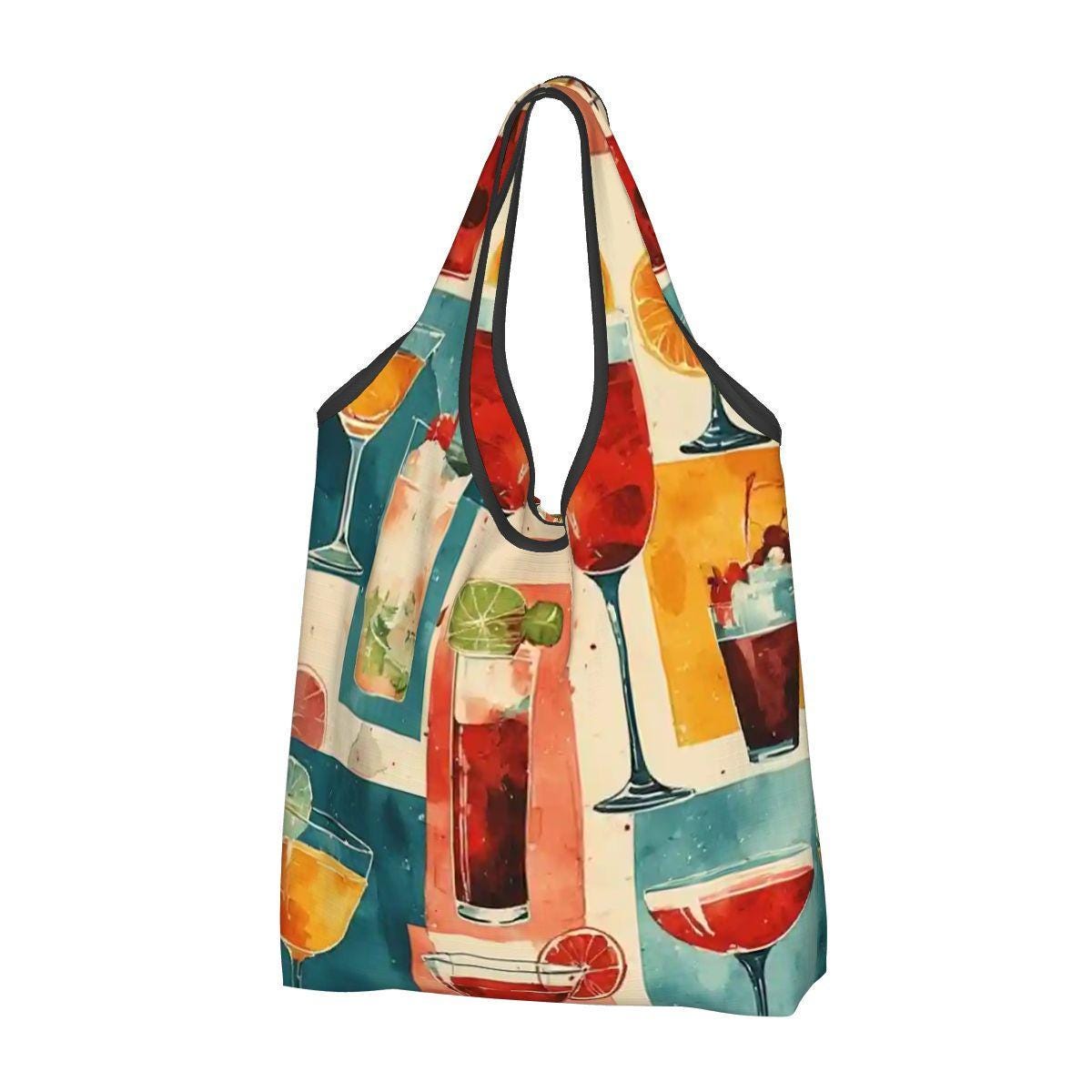 Mid-Century Cocktail Folding Reusable Grocery Shopping Bags - Retro Kitchen Storage Tote