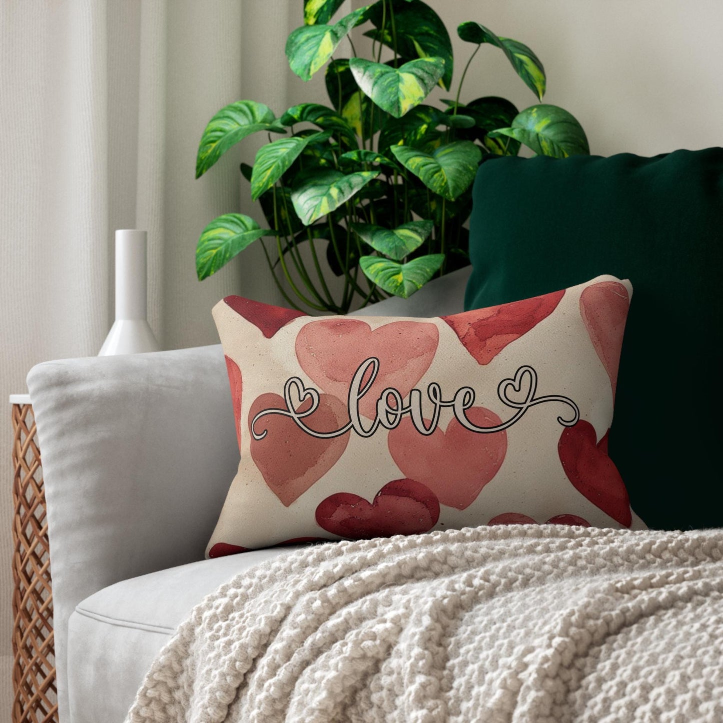 Watercolor Hearts Love Lumbar Pillow Valentine Home Decor Romantic Gift Anniversary Bedroom Throw Cushion