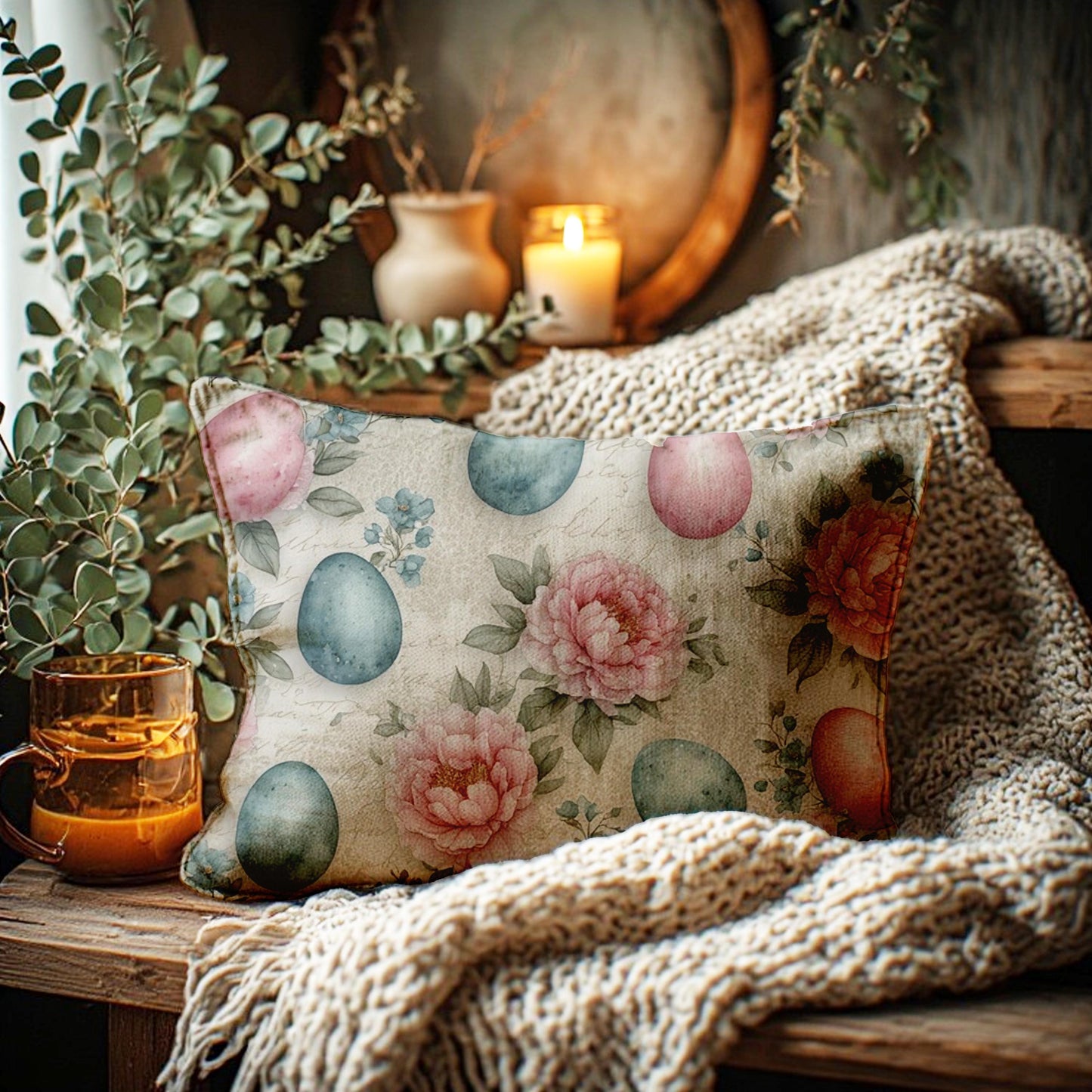 Pink Peonies Easter Eggs Lumbar Pillow | Spring Floral Cushion Holiday Decor Pastel