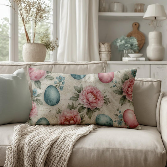 Pink Peonies Easter Eggs Lumbar Pillow | Spring Floral Cushion Holiday Decor Pastel