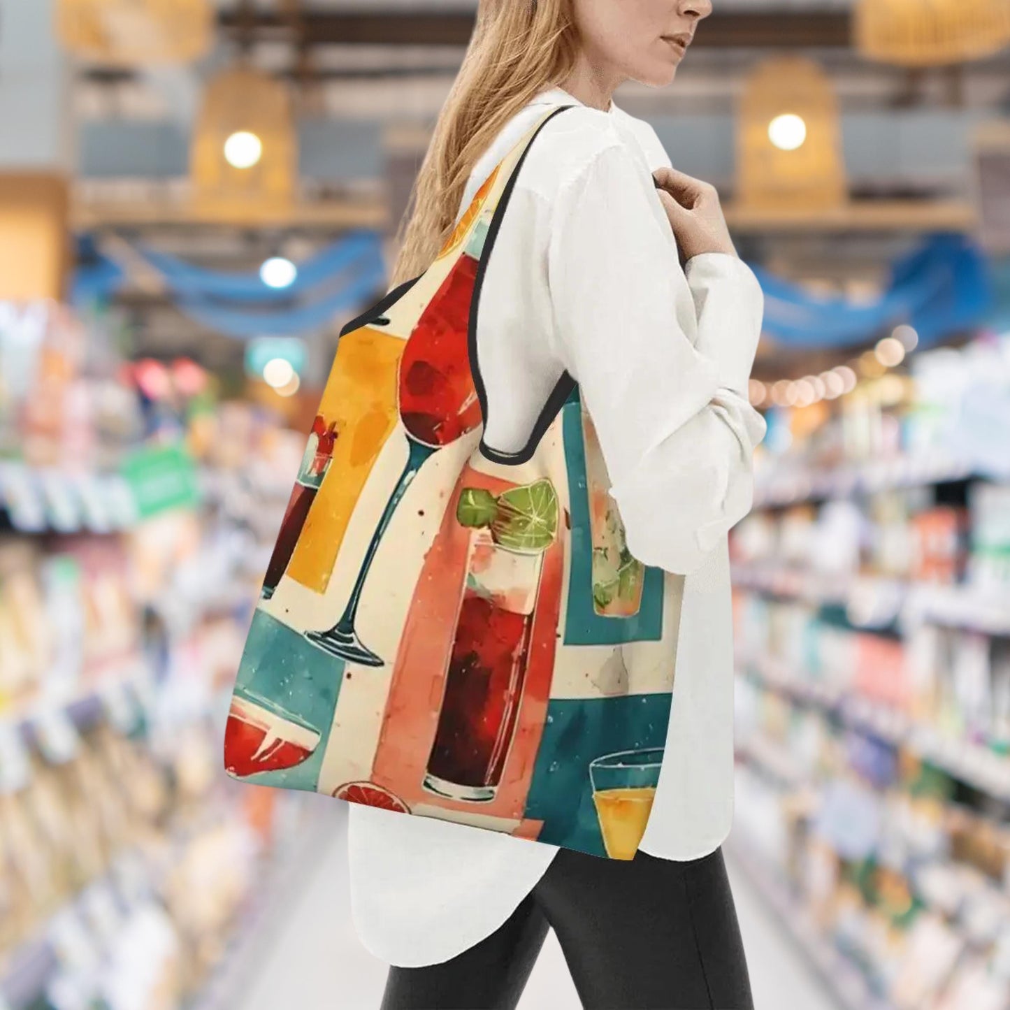 Mid-Century Cocktail Folding Reusable Grocery Shopping Bags - Retro Kitchen Storage Tote