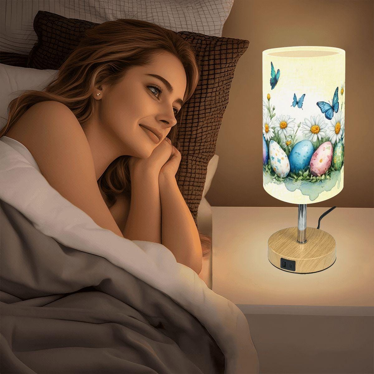Easter Touch Bedside Table Lamp with USB Charging Port - Spring Holiday Decor Night Light