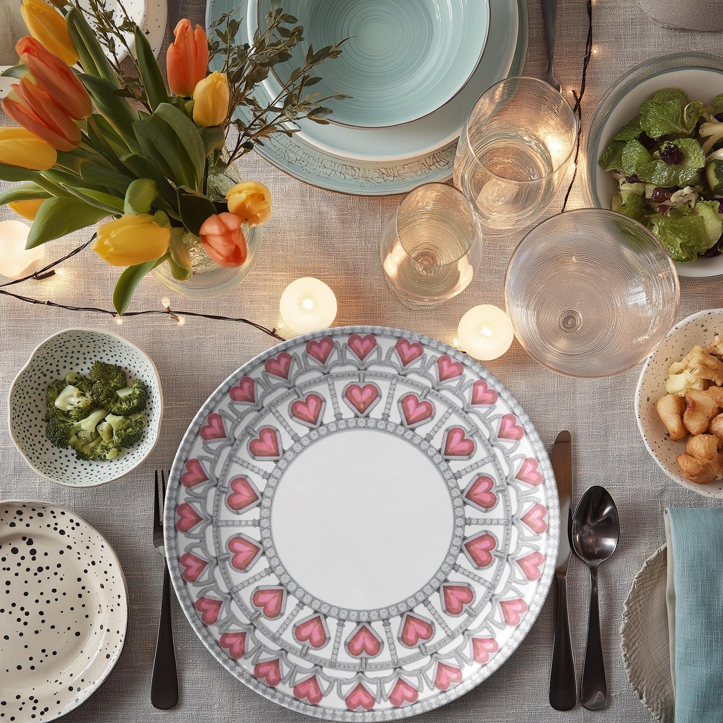 Pink Heart Valentine's Day Dinner Plates - Romantic Love Themed Dishware Occasions Gift Set