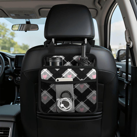 Black & White Heart Car Seat Organizer - Backseat Storage Caddy with Pockets for Travel
