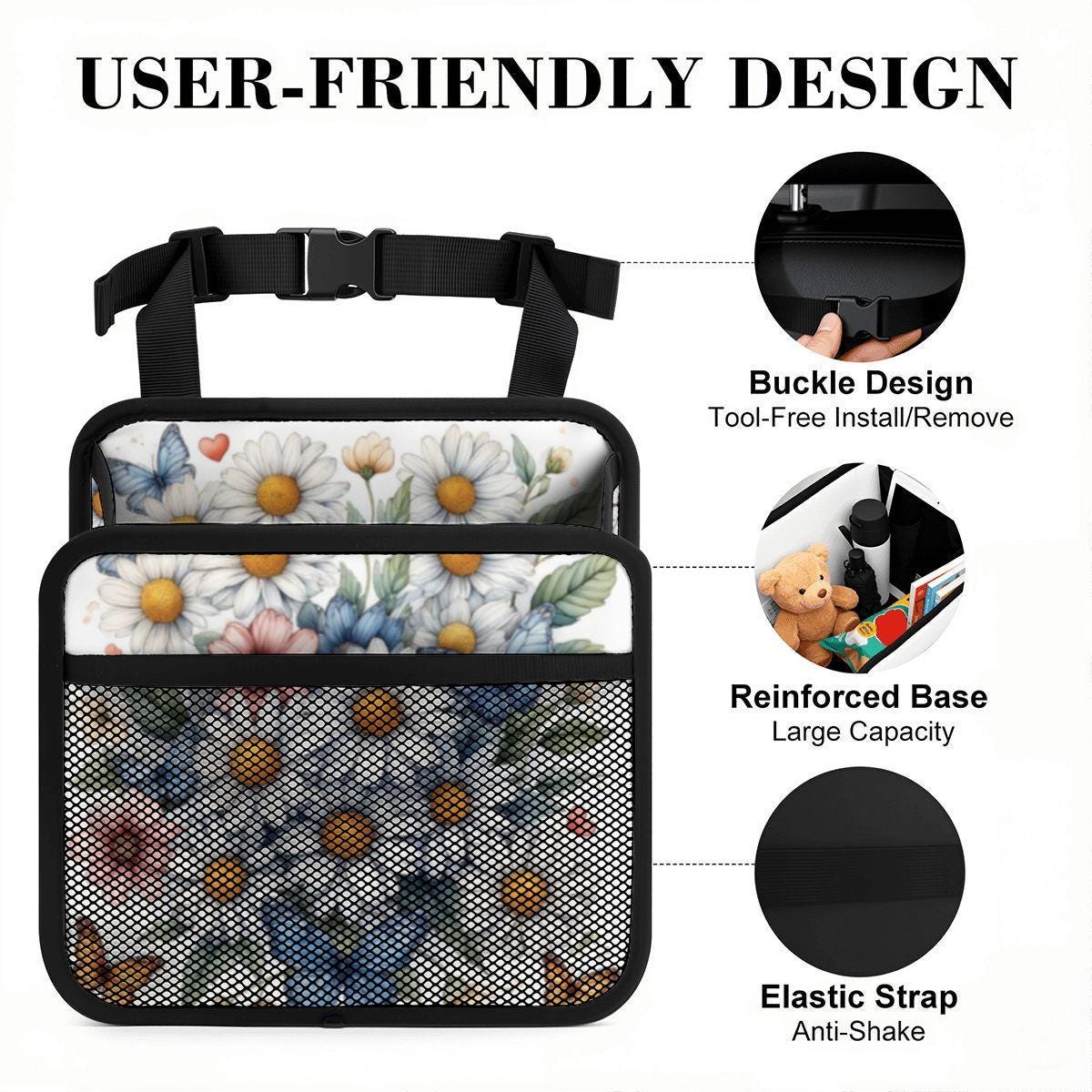 Spring Flower Car Seat Organizer - Floral Auto Storage Caddy for Vehicle Travel Organization
