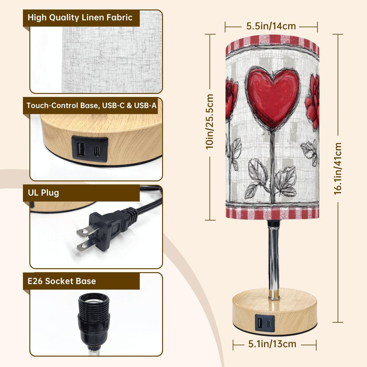 Heart Red Flowers Touch Bedside Table Lamp with USB Charging Port Night Light