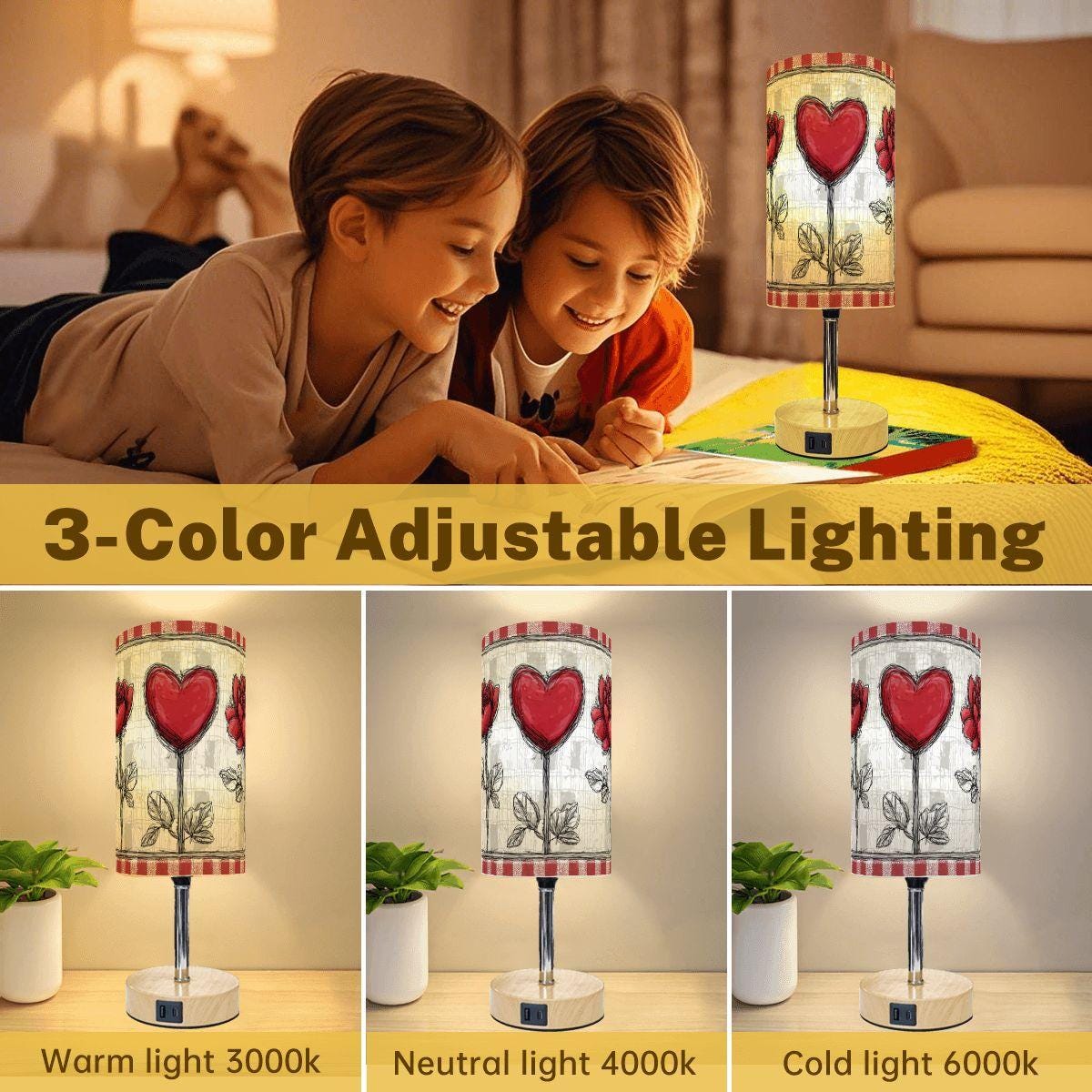 Heart Red Flowers Touch Bedside Table Lamp with USB Charging Port Night Light