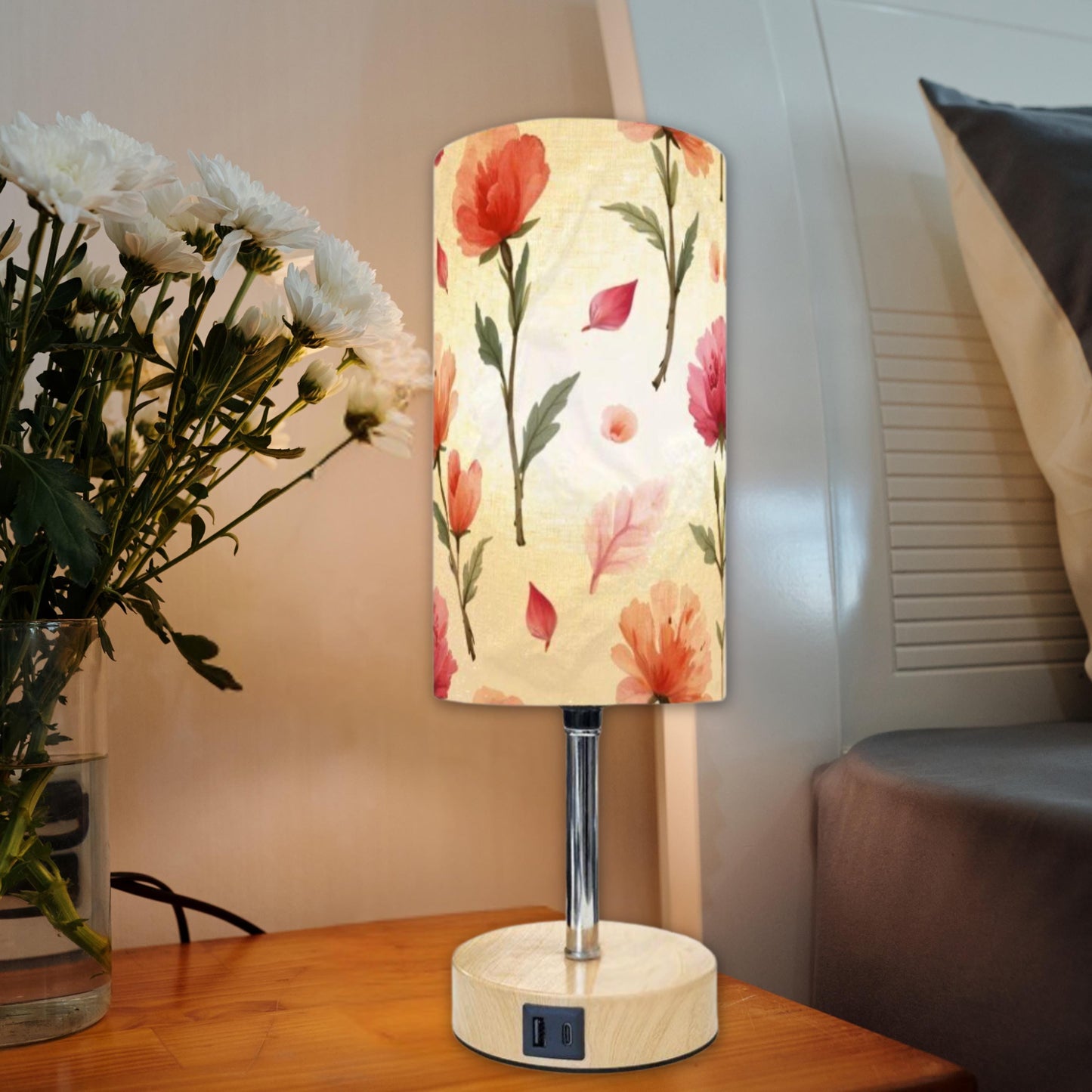 Rose Touch Bedside Table Lamp with USB Charging Port - Modern Bedroom Nightstand Light