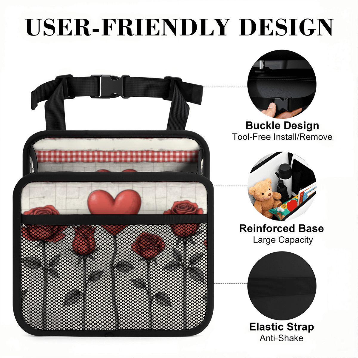 Hearts & Flower Car Seat Organizer - Kids Travel Storage Caddy with Pockets for Backseat Organization