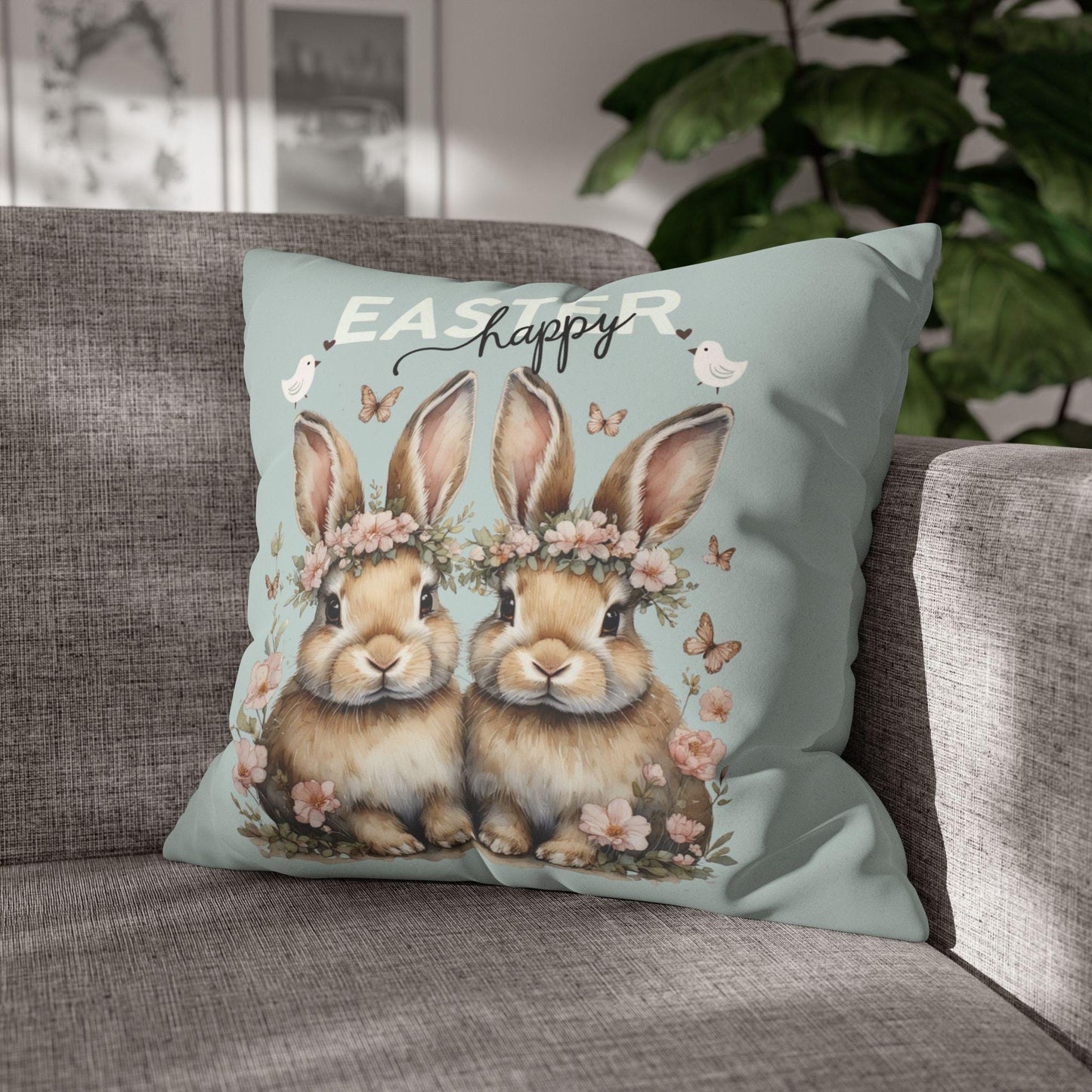 Happy Easter Bunnies Faux Suede Pillowcase - Spring Holiday Home Decor Throw Cushion