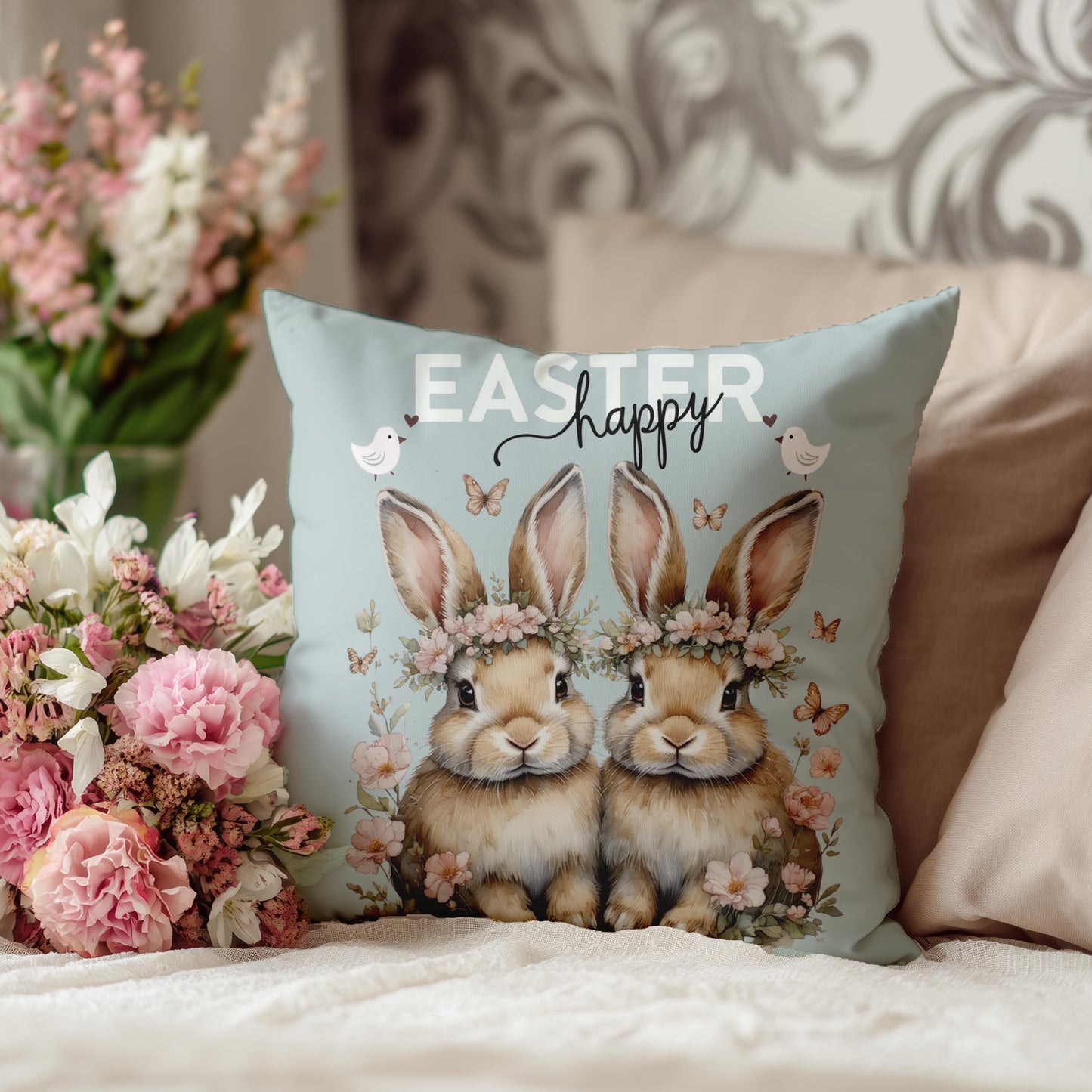 Happy Easter Bunnies Faux Suede Pillowcase - Spring Holiday Home Decor Throw Cushion