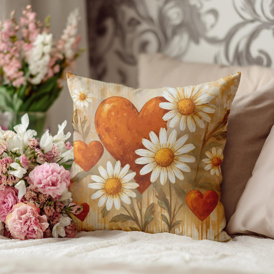Boho Floral Throw Pillow Cover: Orange Heart Daisy Faux Suede