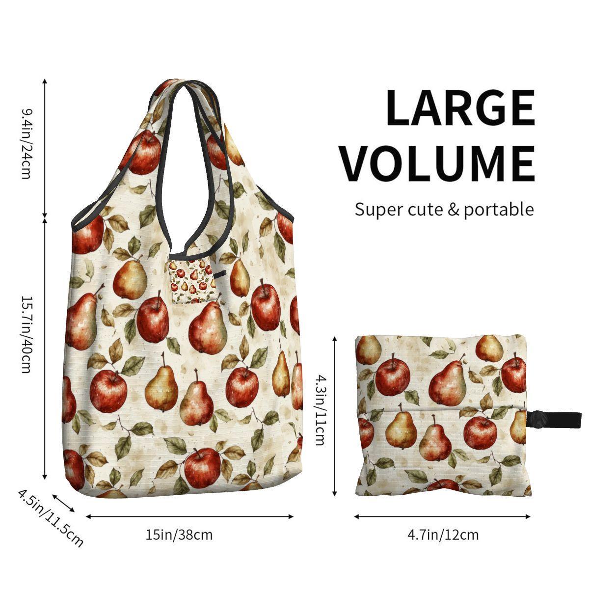 Fruit Pattern Folding Reusable Grocery Bags - Apples Pears Shopping Tote Eco-Friendly Market Bag