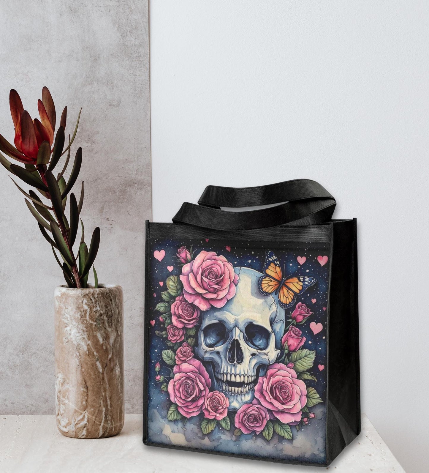Sugar Skull Tote Bag, Reusable Grocery Shopping Bag, Eco-Friendly