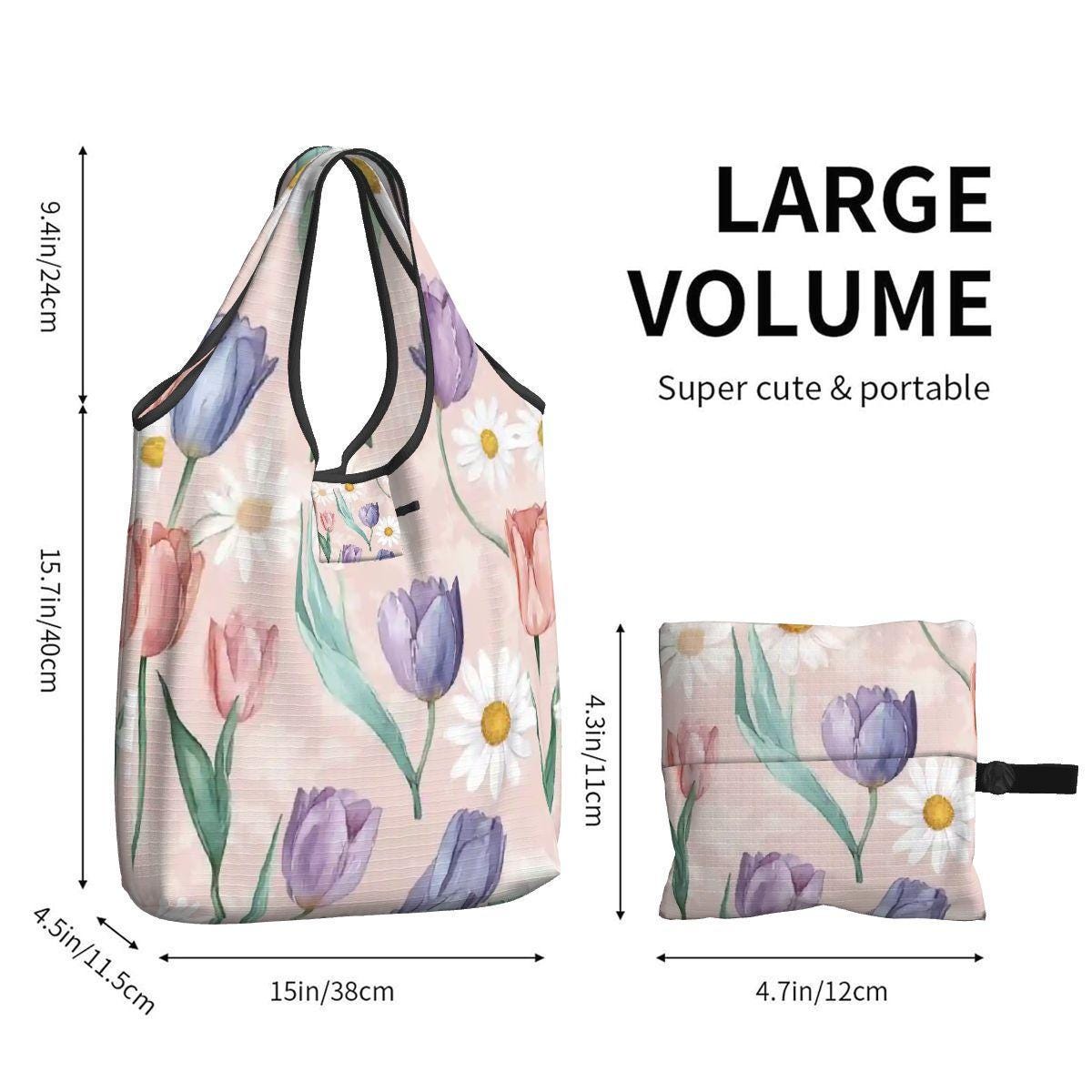 Tulip Daisy Folding Reusable Grocery Bags - Compact Eco Shopping Totes with Floral Pattern